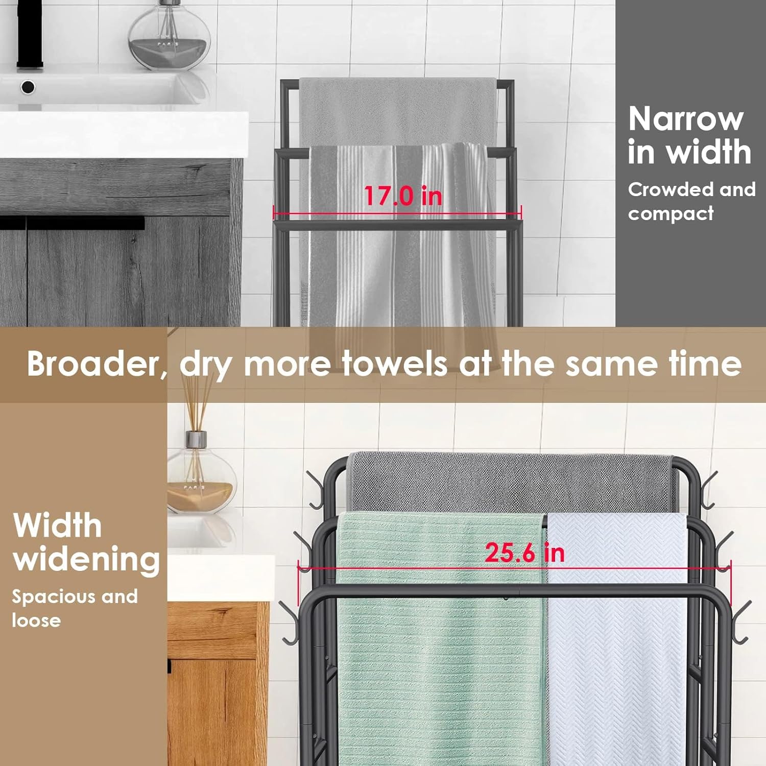 Kayfia 40" Tall Standing Towel Racks, 3 Tier Towel Stand Blanket Rack with 2 Removable Storage Baskets & 6 Hooks, Indoor Outdoor Freestanding Towel Racks for Bathroom Bedroom Organizer