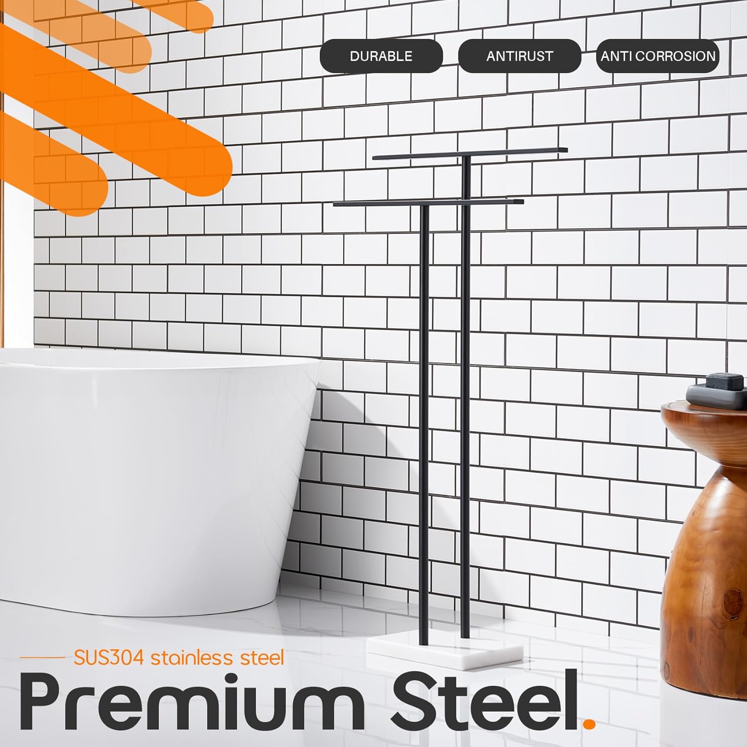 Free Standing Towel Racks Matte Black 2-Tier Towel Holder for Bathroom Floor Stand with Heavy Marble Base Thicken Steady Design Stainless Steel AN7001MB