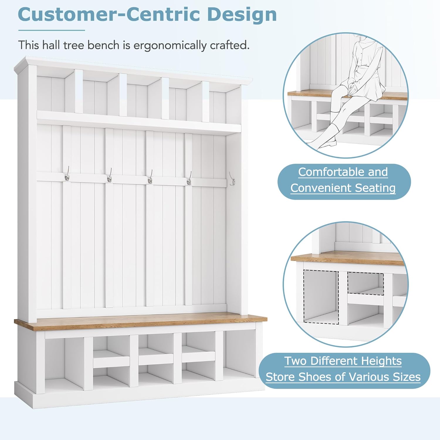 Merax Wood Hall Tree Entryway Bench with Storage Cabinet, 6 Hooks Coat Racks for Entrance, Hallway White