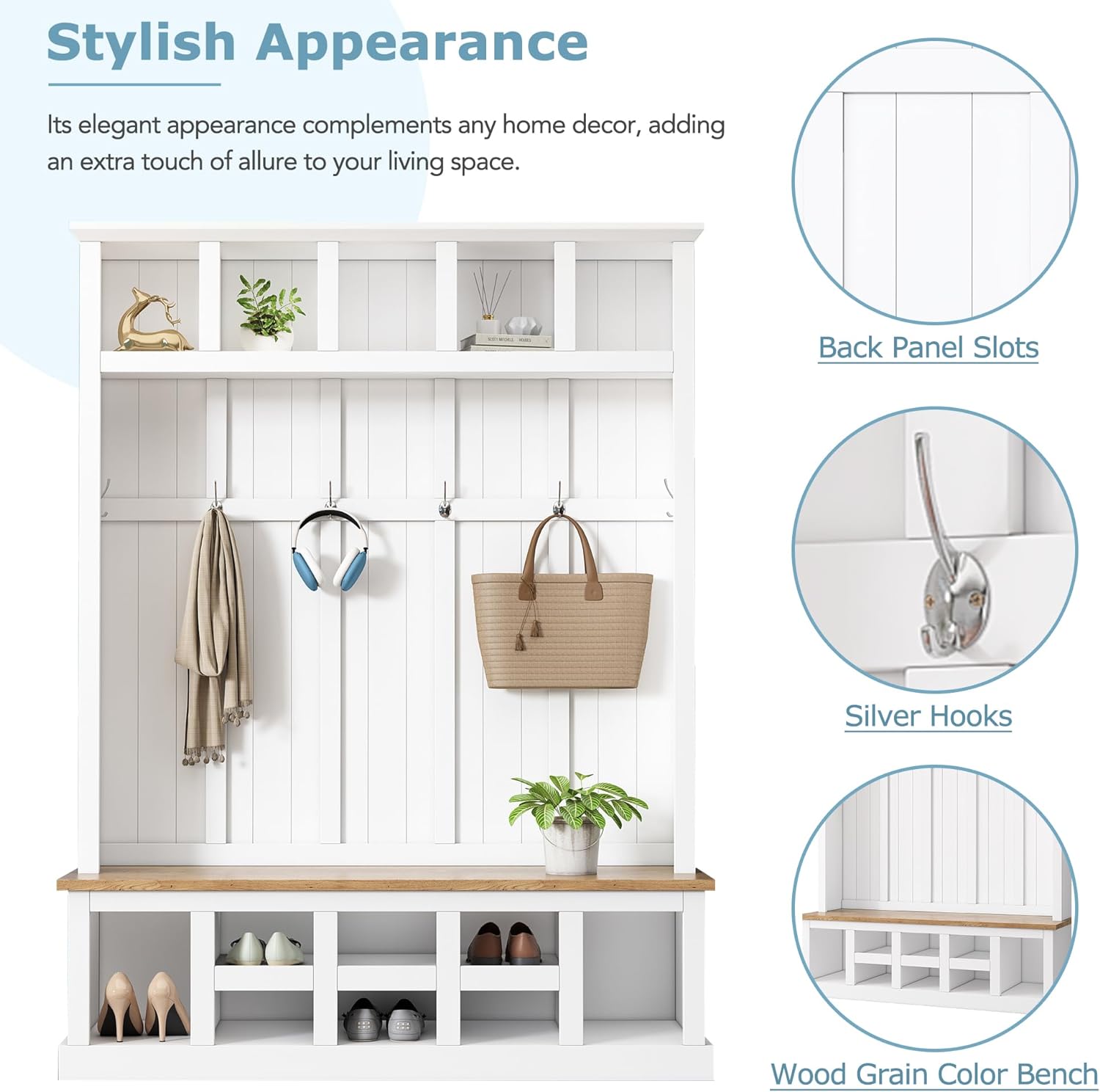 Merax Farmhouse Wood Hall Tree with Bench and Shoe Storage, 5-in-1 Coat Rack with 6 Hooks for Entrance, Hallway White