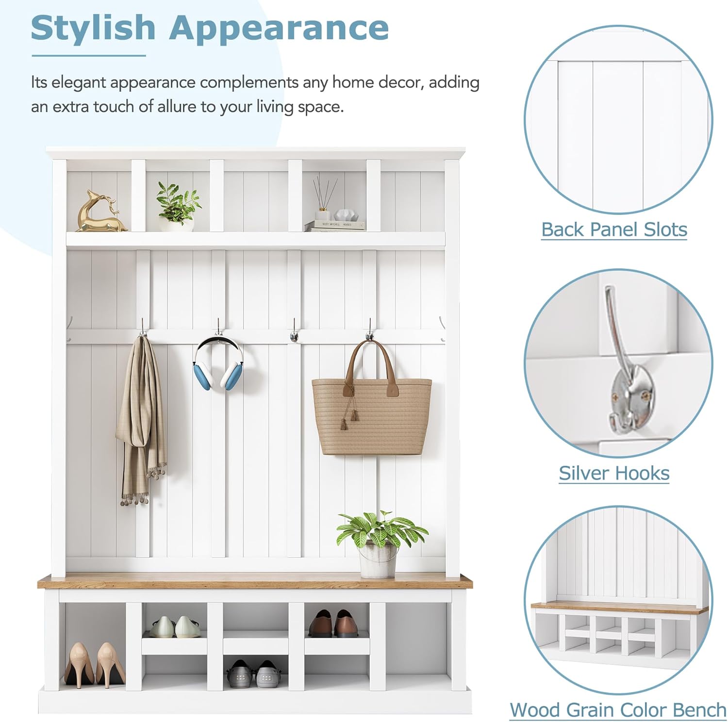 Merax Wood Farmhouse Hall Tree with Storage Entryway Bench, 3-in-1 Coat Racks with 6 Hooks &Shelves for Entrance, Hallway, Mudroom,White
