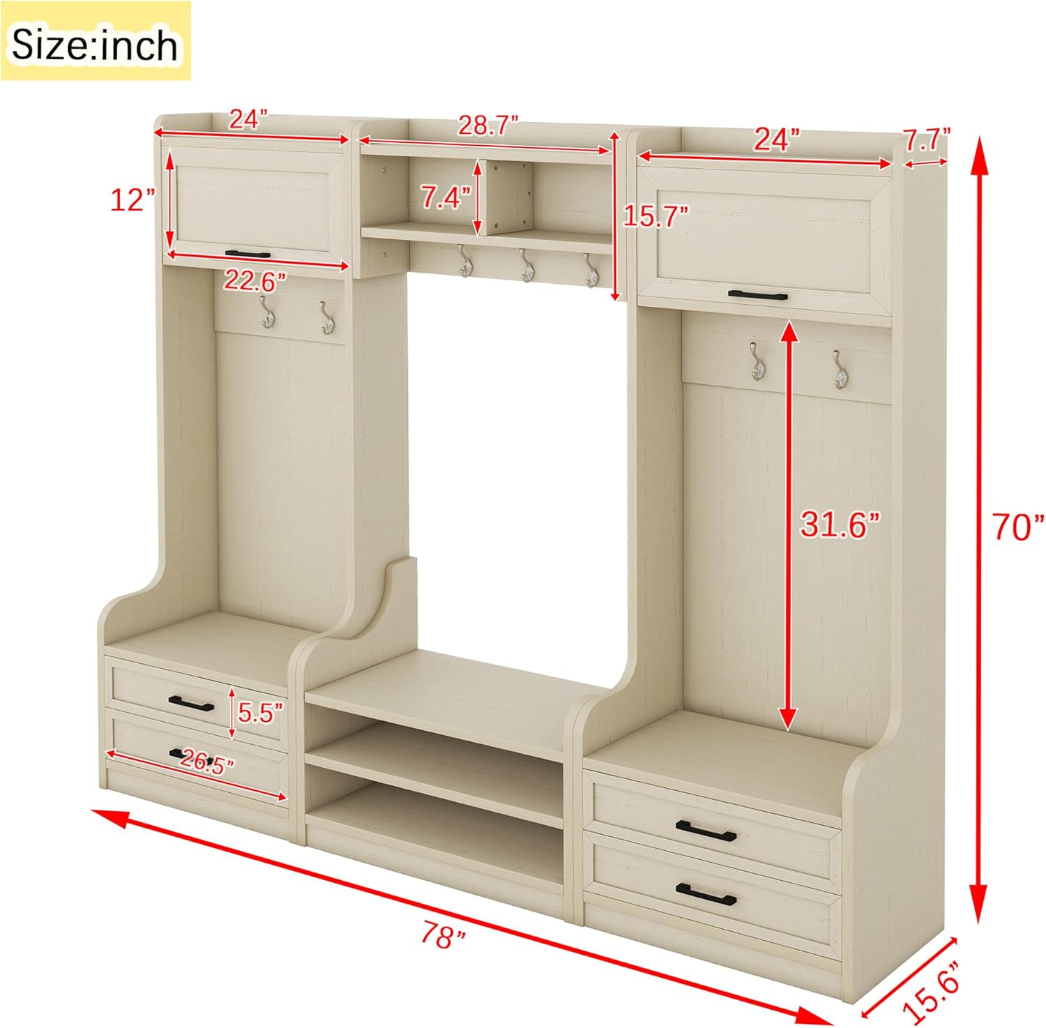 Wide Hall Tree with Storage Bench, Wood Coat Rack with Cabinet and 7 Hooks, Mudroom Organizer with Shoes Storage Cubbies for Entryway Hallway, Beige