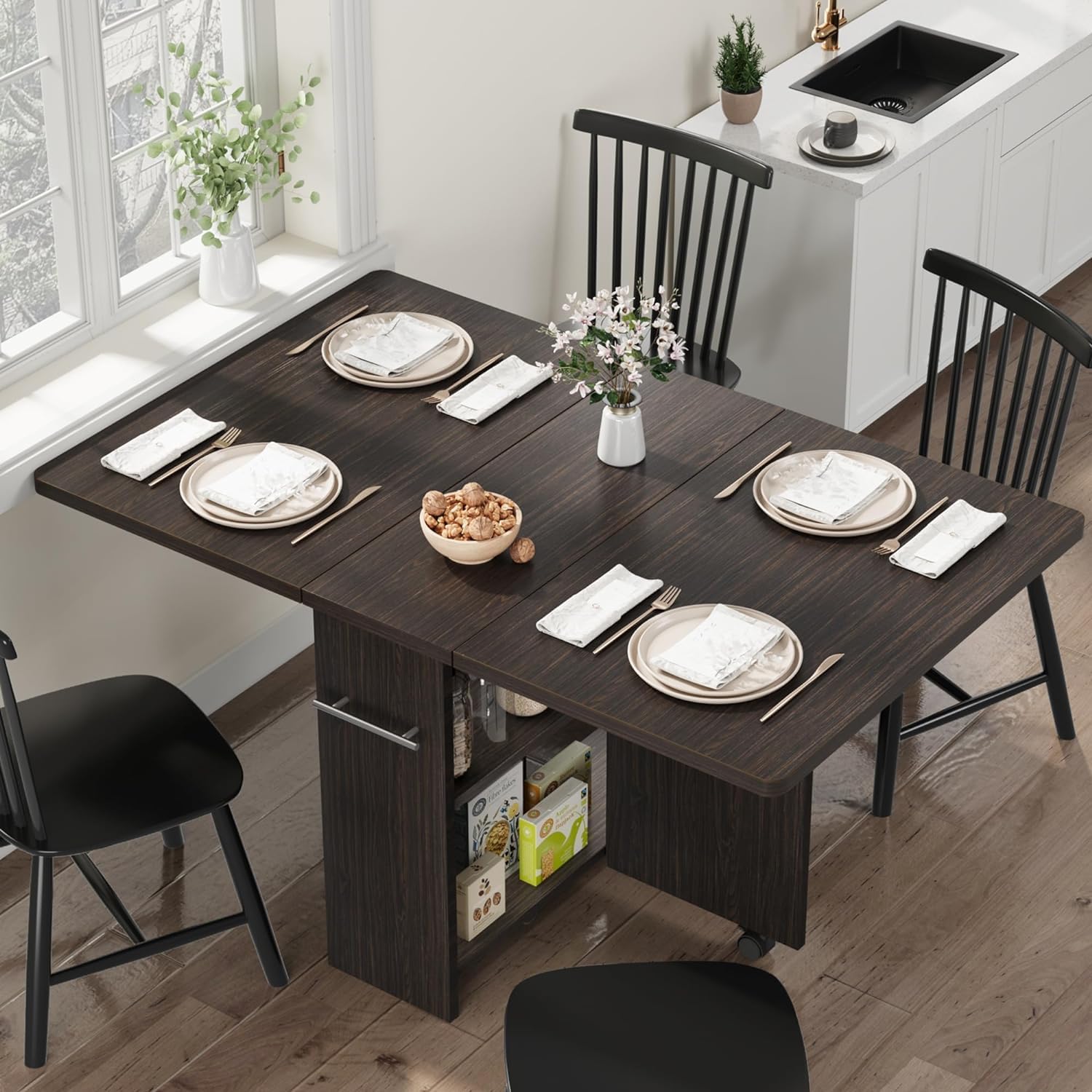 GarveeHome Folding Dining Table, Space Saving Farmhouse Dining Table for 4 Storage Shelf, 6 Wheels Multipose Expandable Kitchen Drop Leaf Table for Small Space (Pear Wood, 50.1"D x 31.4"W x 29.5"H)