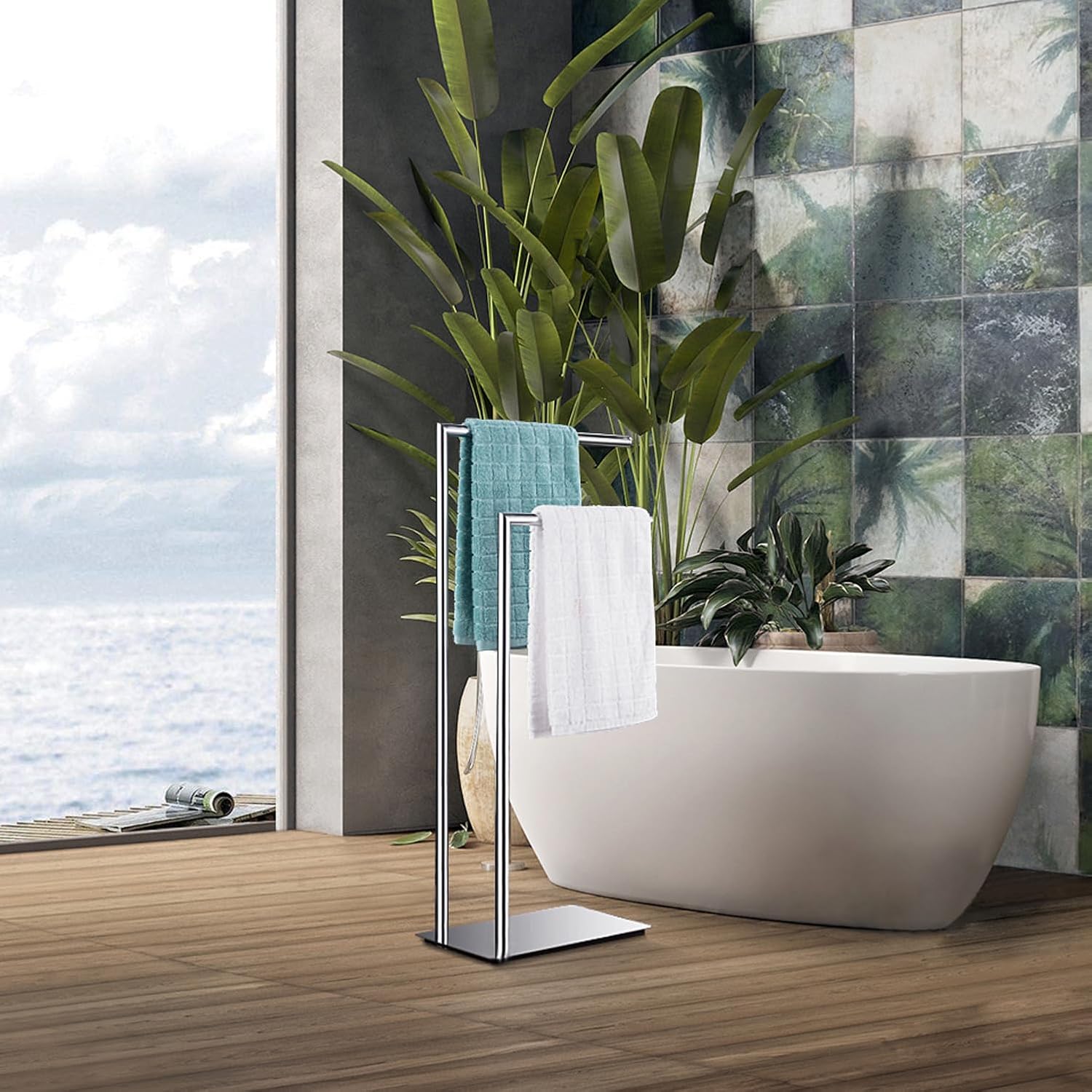 Freestanding Towel Rack for Bathroom Bath Towel Holder Standing on Floor Double Towel Bar Brass Chrome