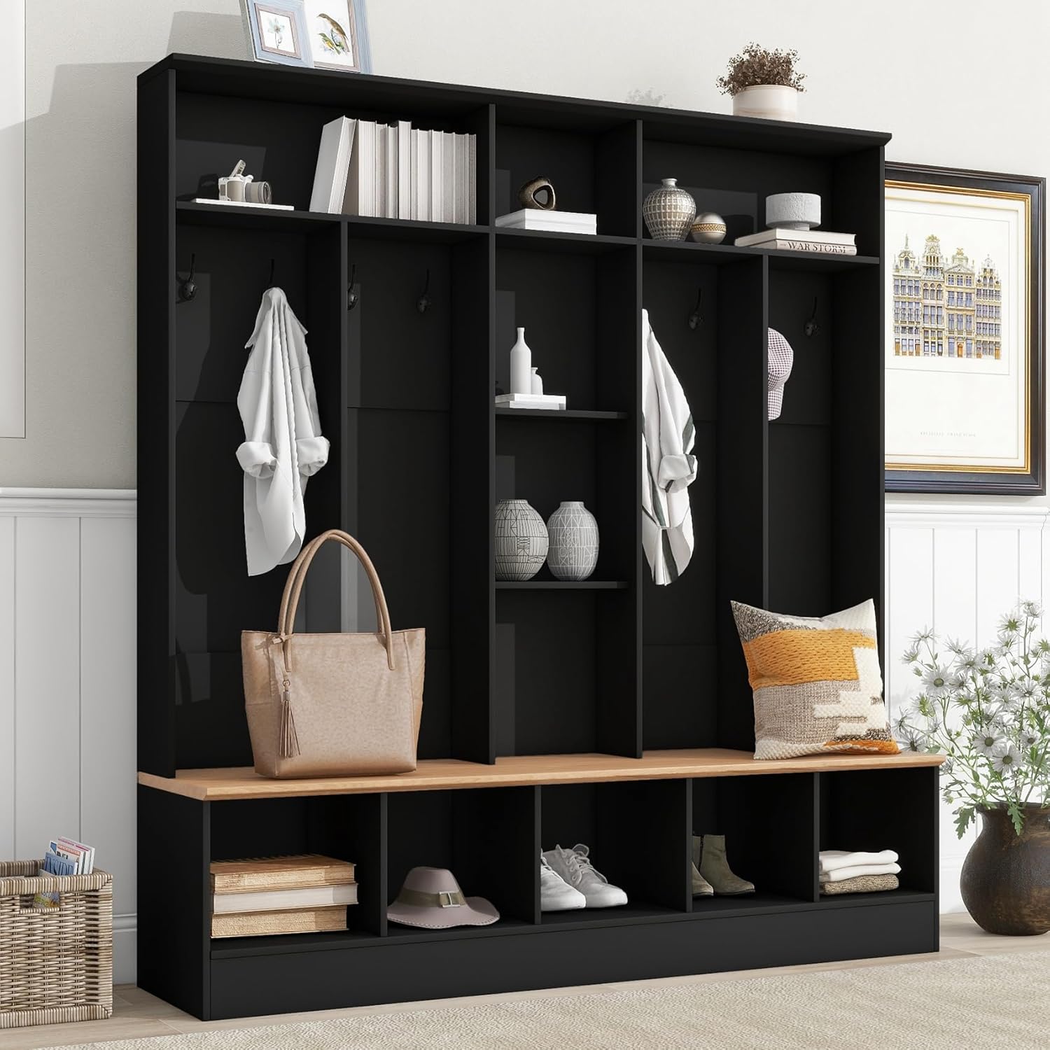 Wide Hall Tree With Shoe Storage Bench, Minimalist Entryway Coat Rack, Cube Storage and Shelves, Multifunctional Mudroom With 8 Hooks for Hallway (Black)