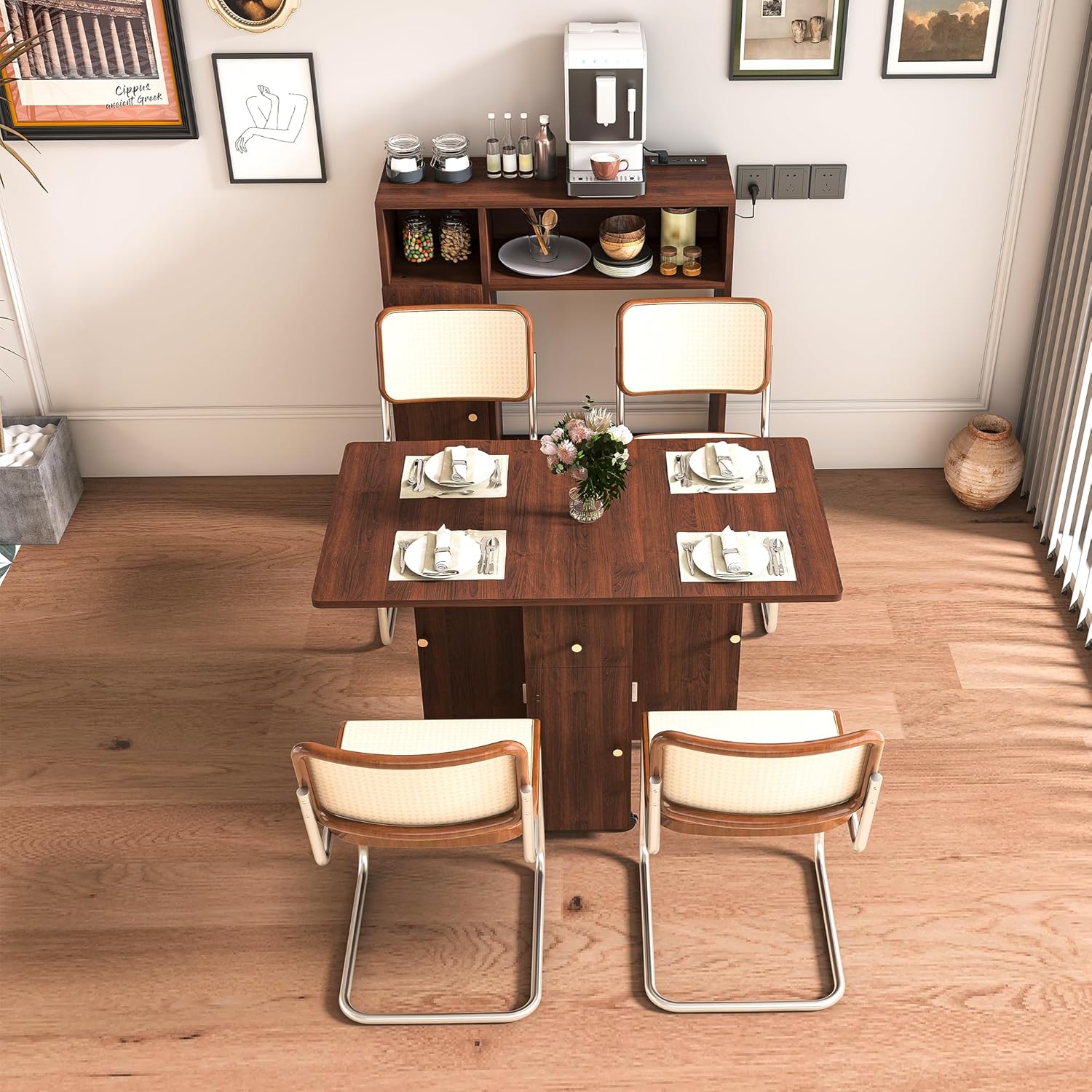 Folding Dining Table with Wall Mounted Sideboard, Expandable Dining Table with Wheels, Entryway Table with Charging Station, Kitchen Table for Small Spaces (Walnut)
