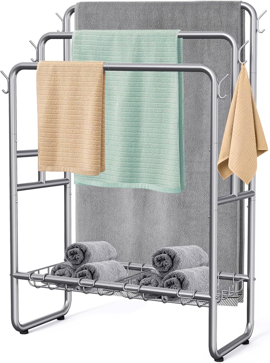 Kayfia 40" Tall Standing Towel Racks, 3 Tier Towel Stand Blanket Rack with 2 Removable Storage Baskets & 6 Hooks, Indoor Outdoor Freestanding Towel Racks for Bathroom Bedroom Organizer