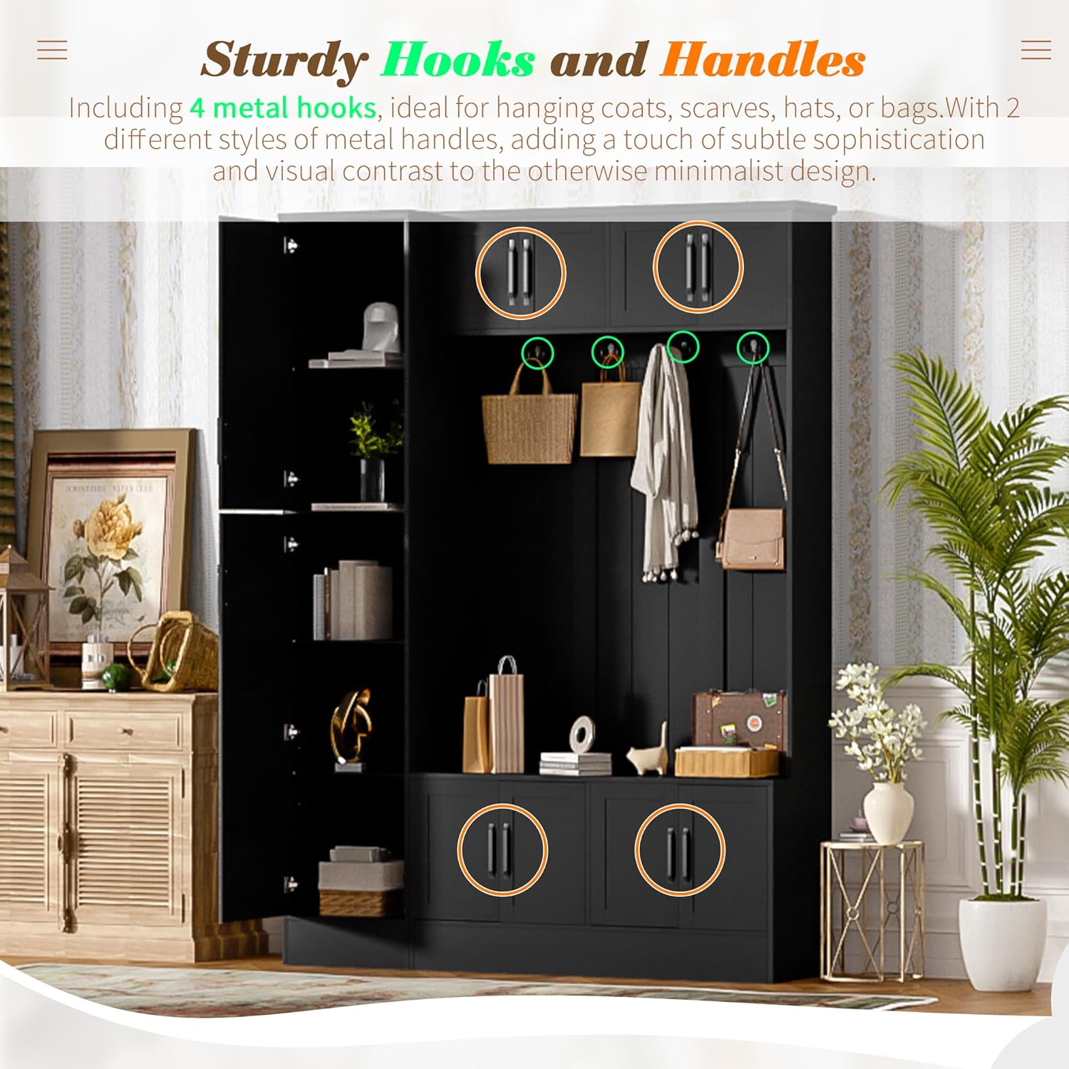 Merax Farmhouse Wood Hall Tree with 6 Hooks and Shoe Bench, Mudroom Versatile Coat Racks with 6 Cabinets & Adjustable Shelf, Entrance Organizer for Hallway, Entryway, Living Room Black