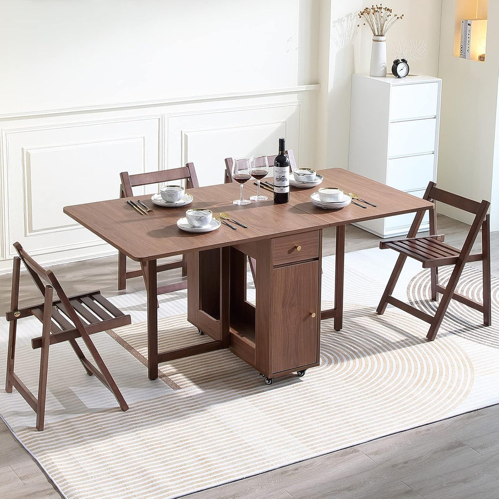 Extendable Drop Leaf Foldable Dining Table with 2 Drawers and 4 Wheels for Living Room Kitchen Farmhouse Space Saving Table in Walnut