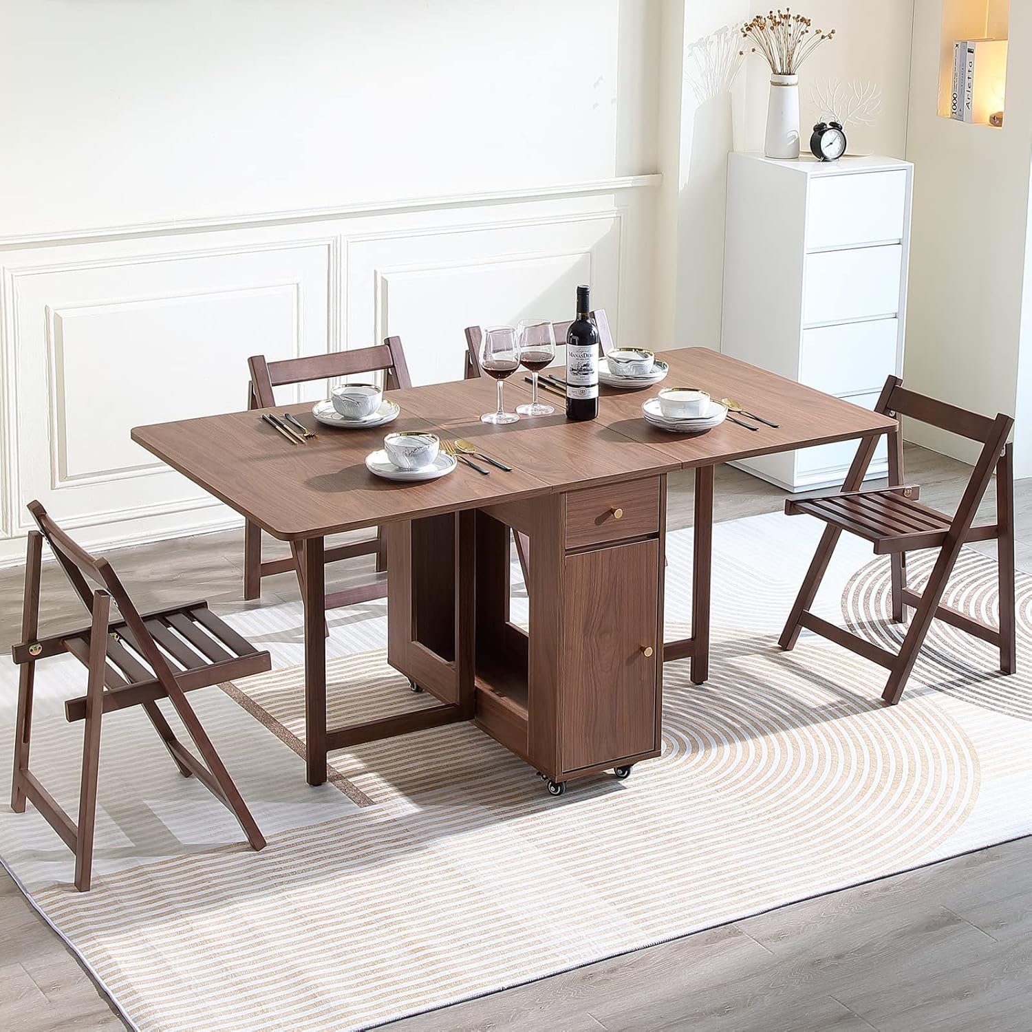 Extendable Drop Leaf Foldable Dining Table with 2 Drawers and 4 Wheels for Living Room Kitchen Farmhouse Space Saving Table in Walnut