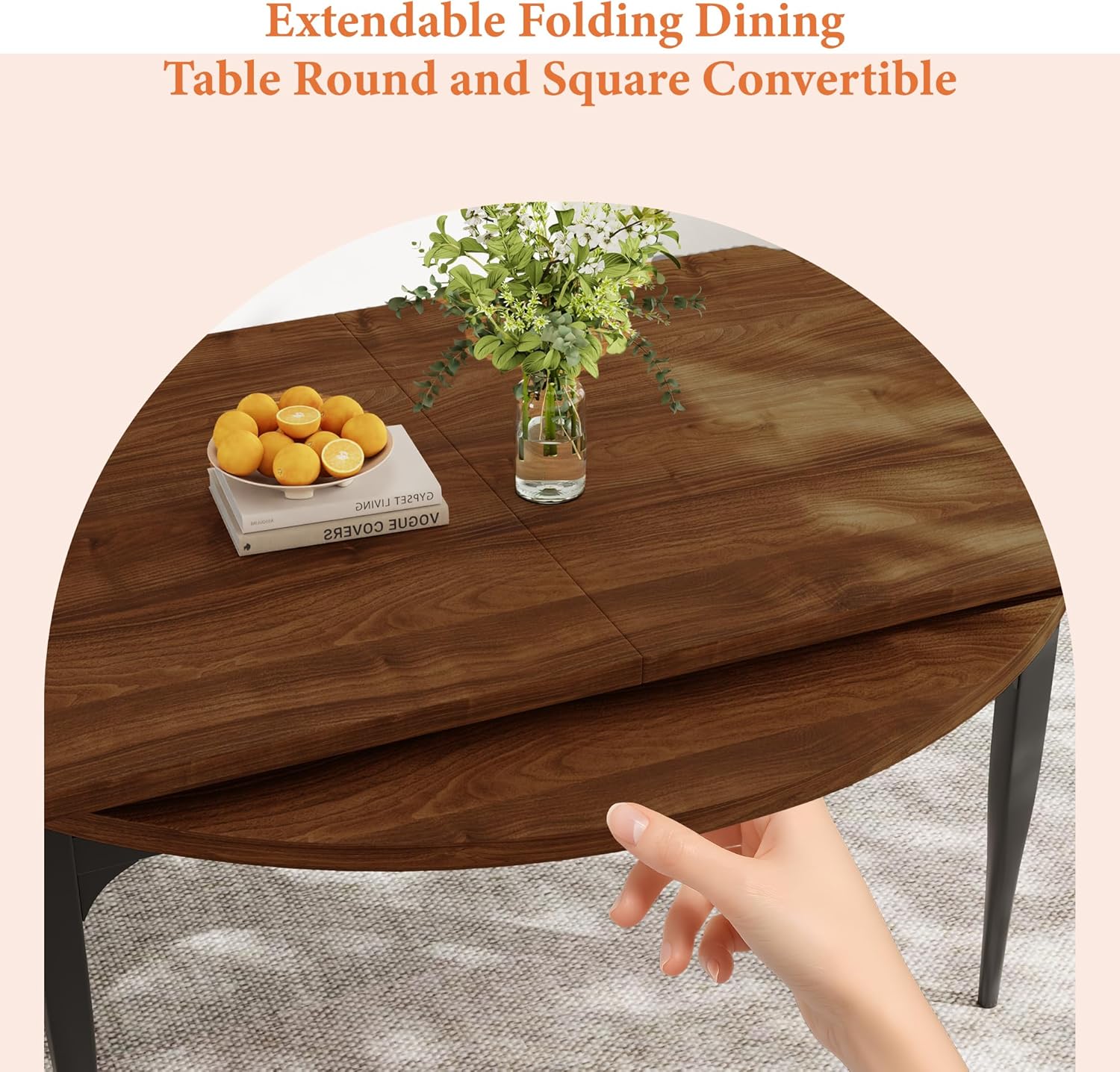 Expandable Folding Dining Table Set, 55-Inch Round to Square Table with 6 Upholstered Chairs, Metal Frame, for Dining Room or Apartment (Round Table + 6 Brown Chairs)