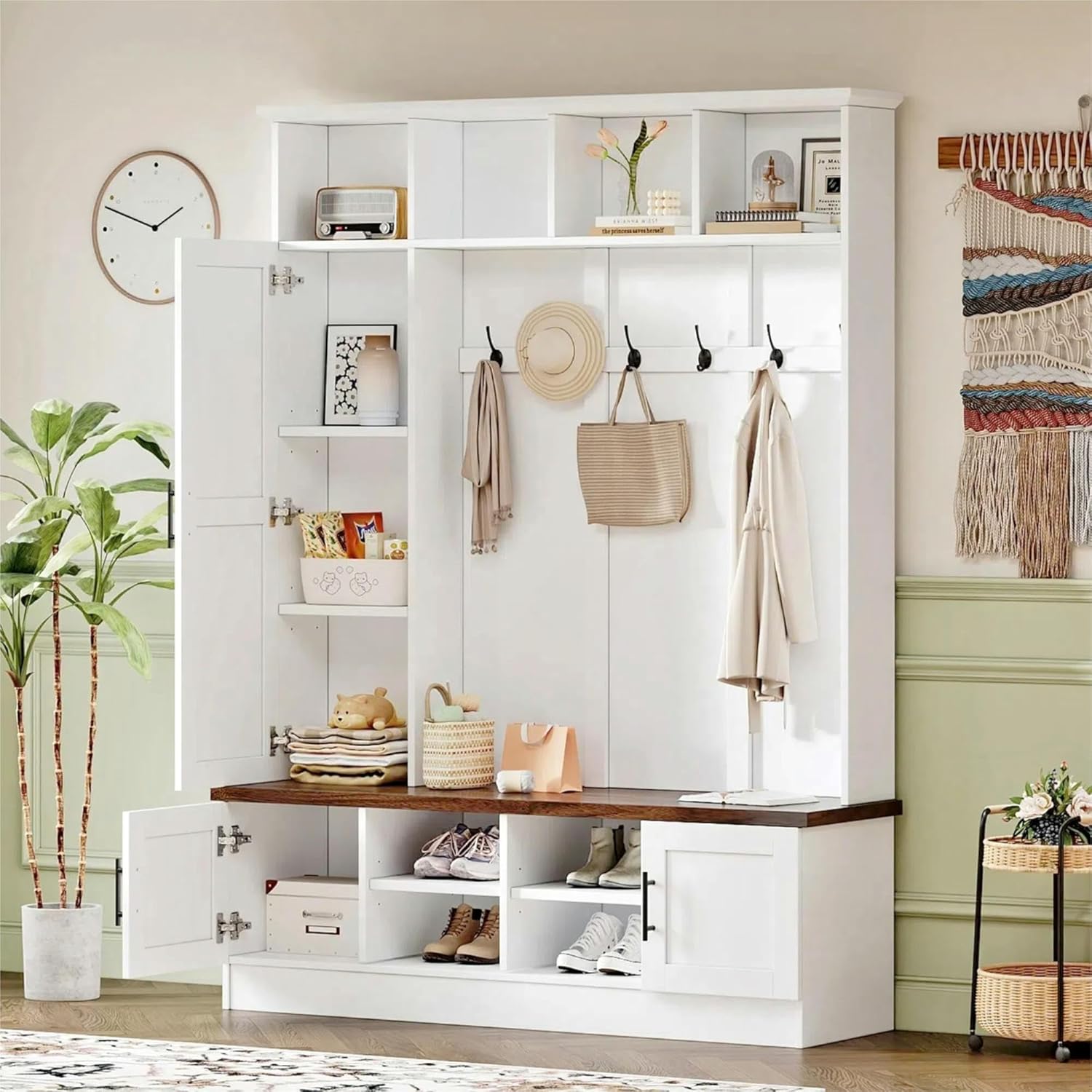 Merax Wood Farmhouse Hall Tree with Storage Entryway Bench, 3-in-1 Coat Racks with 6 Hooks &Shelves for Entrance, Hallway, Mudroom,White