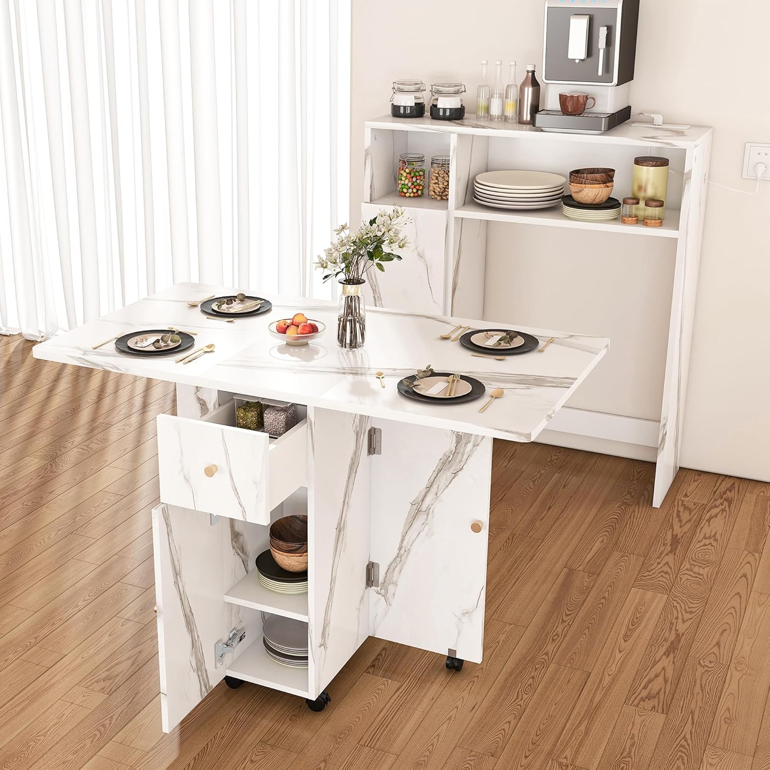 Folding Dining Table with Wall Mounted Sideboard, Expandable Dining Table with Wheels, Entryway Table with Charging Station, Kitchen Table for Small Spaces (Walnut)