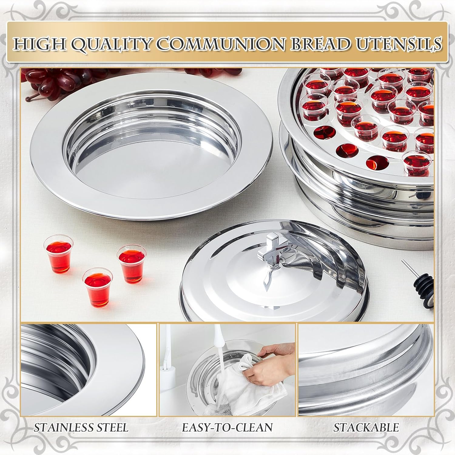 Zhehao 2 Plates Silver Communion Set, Holy Trays with Lid, Stainless Steel Bread Tray Plates for Churches, Holy Communion Tray with Cover, Polished Church Supplies Ware Sets