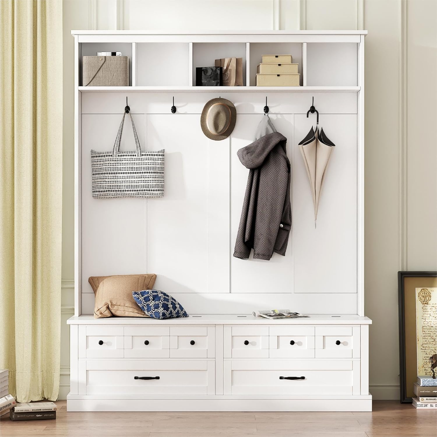 Merax Wood Farmhouse Hall Tree with Storage Entryway Bench, 3-in-1 Coat Racks with 6 Hooks &Shelves for Entrance, Hallway, Mudroom,White