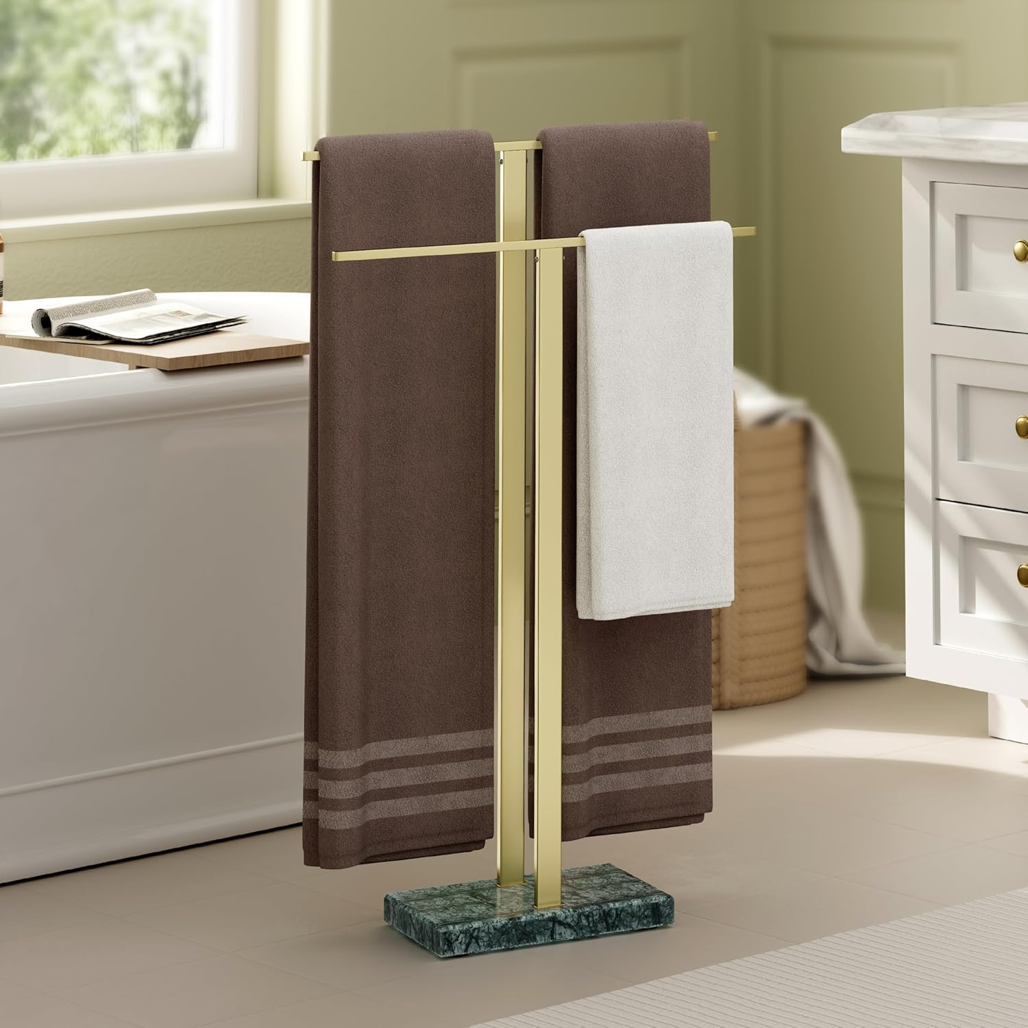 KES Standing Towel Rack with Marble Base, 2-Tier Towel Stand for Bathroom Floor, Upgrade Steady Design, T-Shaped Towel Drying Rack Gold, SUS304 Stainless Steel, Brushed Gold Finish, BTH217-BZ