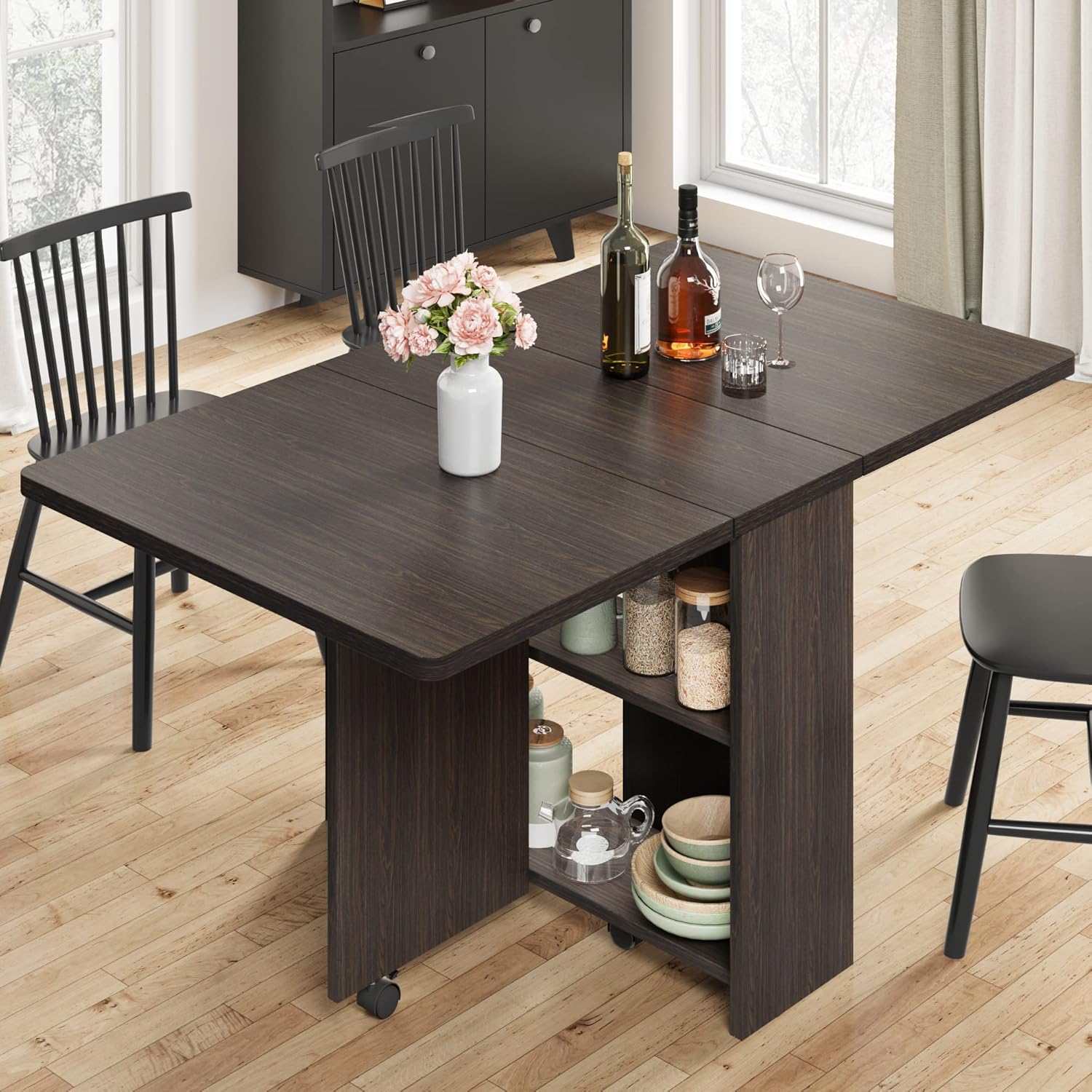 Space Saving Folding Dining Table with 2 Tier Storage-Extendable Drop Leaf Farmhouse Kitchen Dining Room Tables Set for 4, Collapsible Expandable Rectangle (Carlo Grey, 47.2"D x 23.6"W x 29.5"H)
