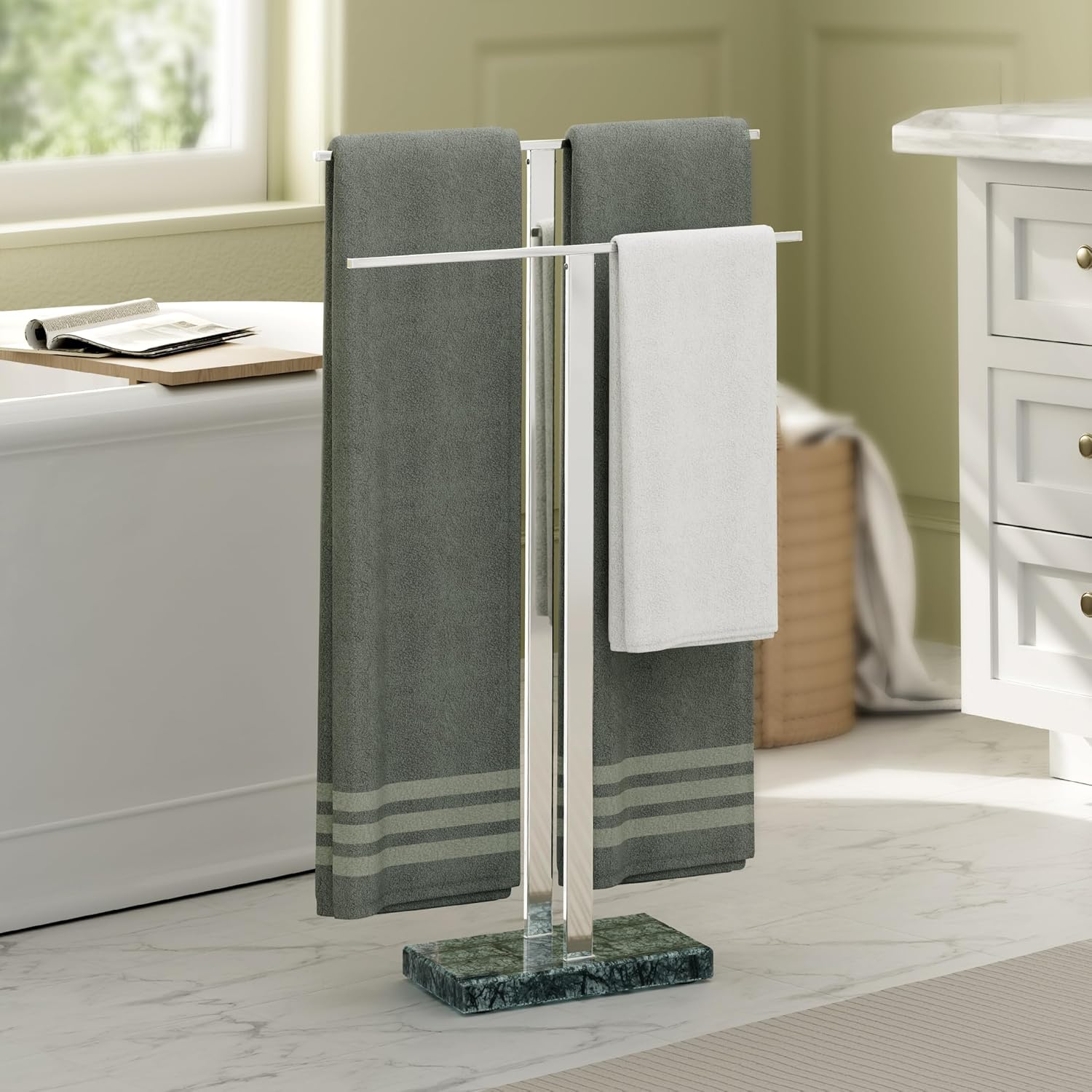 KES Standing Towel Rack with Marble Base, 2-Tier Towel Stand for Bathroom Floor, Upgrade Steady Design, T-Shaped Towel Drying Rack Gold, SUS304 Stainless Steel, Brushed Gold Finish, BTH217-BZ