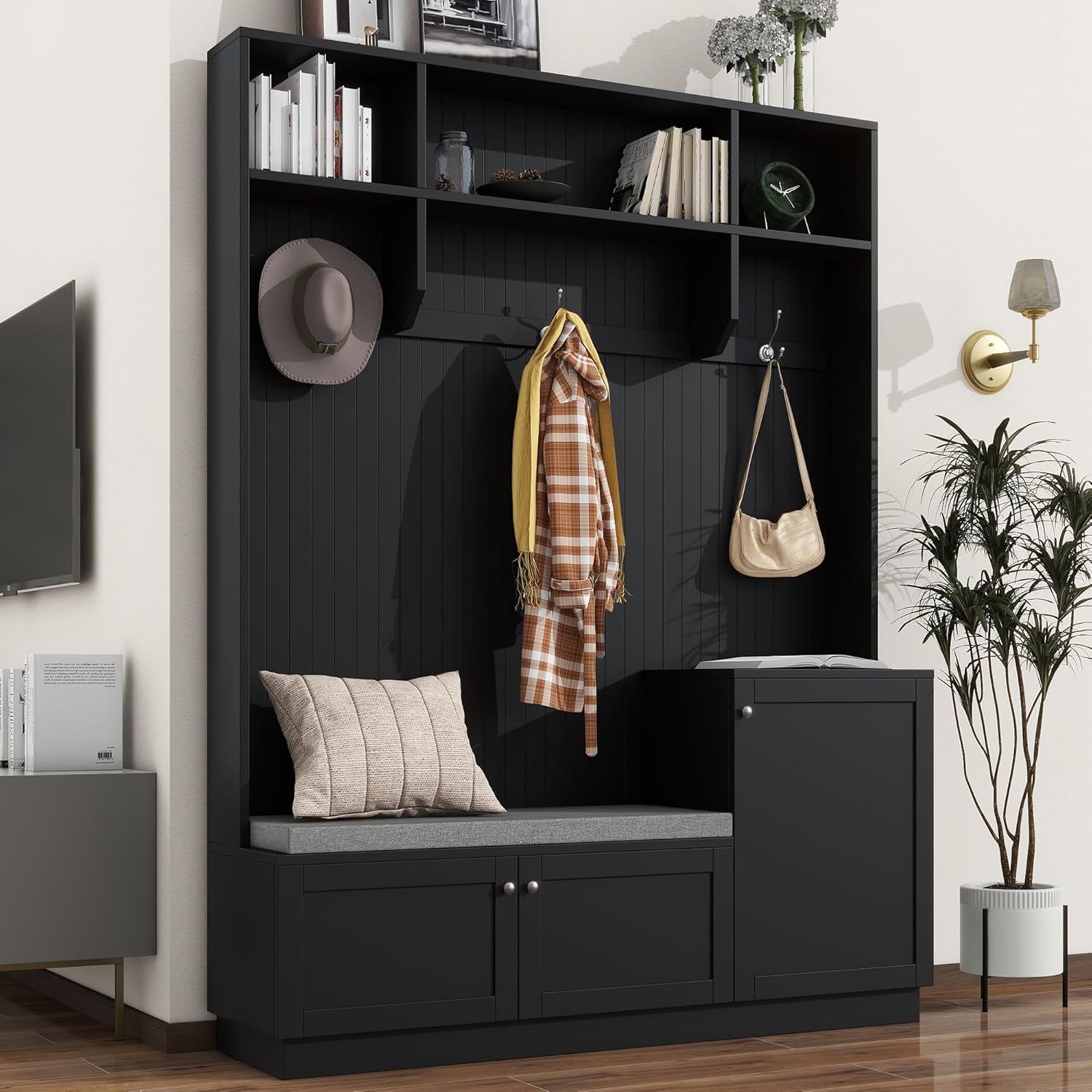 Ball & Cast Entryway Hall Tree with Shoe Storage and Bench,Modern Coat Rack w/Bench and Cushion,3 Shevlves,3 Hooks,Functional Hallway Shoe Cabine for Entrance,Hallway, Bedroom,Black