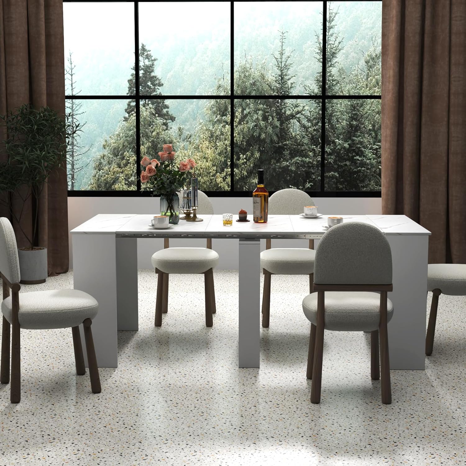 KEIKI 20”-118.5”L Extendable Foldable Dining Room Table for 1-10 People, Wood Modern Rustic Rectangle Expandable Kitchen Living Meeting Room Furniture, 6 Tabletop Length Options, Marble White