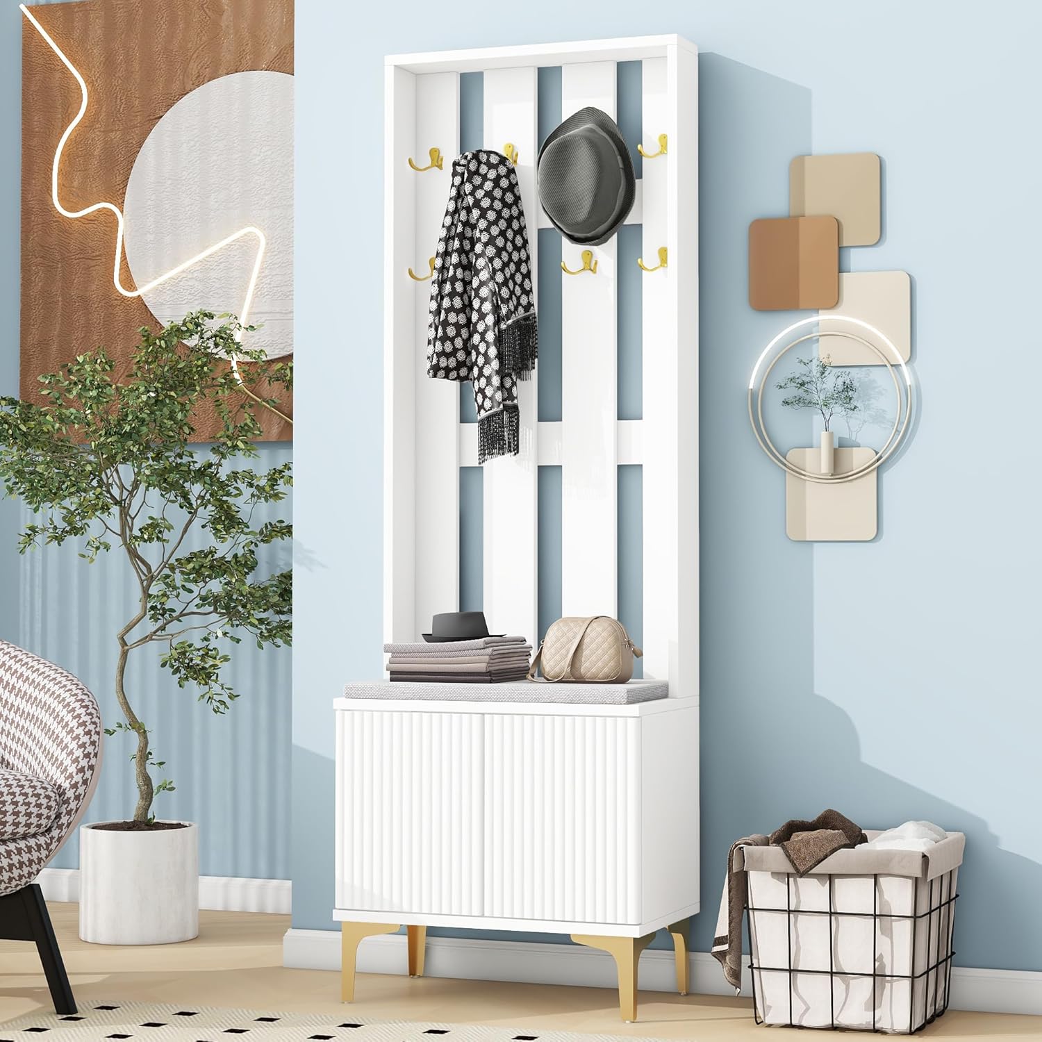 Merax Wood Farmhouse Hall Tree with Storage Entryway Bench, 3-in-1 Coat Racks with 6 Hooks &Shelves for Entrance, Hallway, Mudroom,White