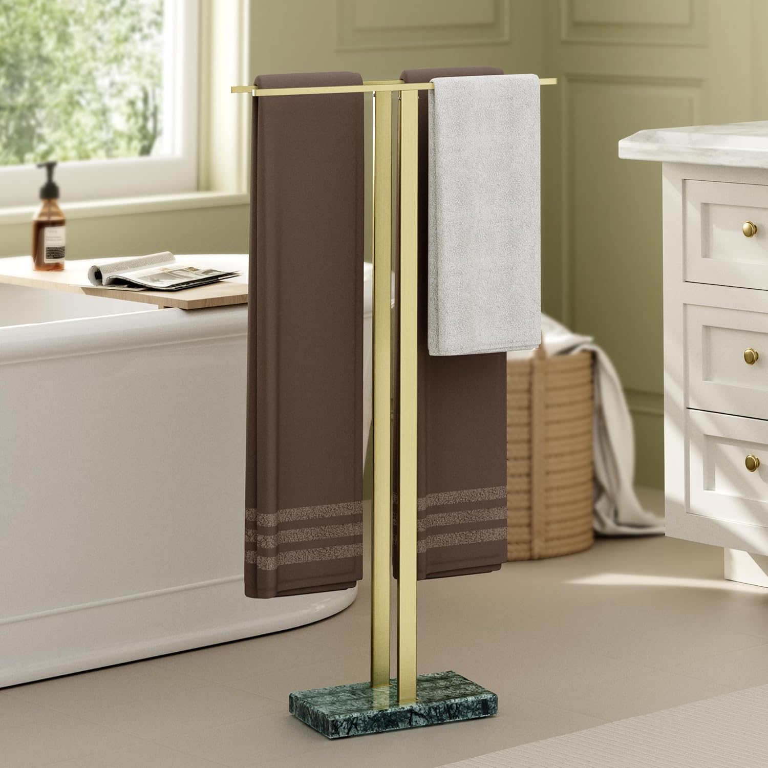 KES Standing Towel Rack with Marble Base, 2-Tier Towel Stand for Bathroom Floor, Upgrade Steady Design, T-Shaped Towel Drying Rack Gold, SUS304 Stainless Steel, Brushed Gold Finish, BTH217-BZ