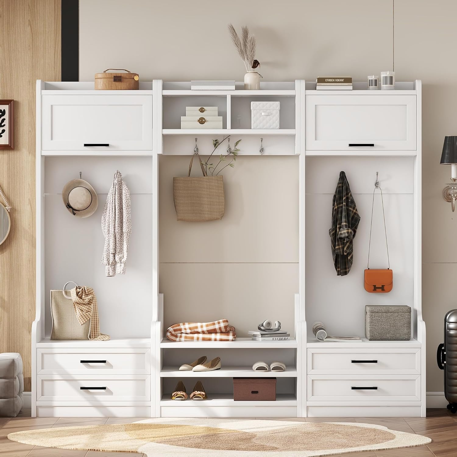 Wide Hall Tree with Storage Bench, Wood Coat Rack with 4 Drawers and 7 Hooks, Detachable Mudroom Organizer with Shoes Storage Shelves for Entryway Hallway, White