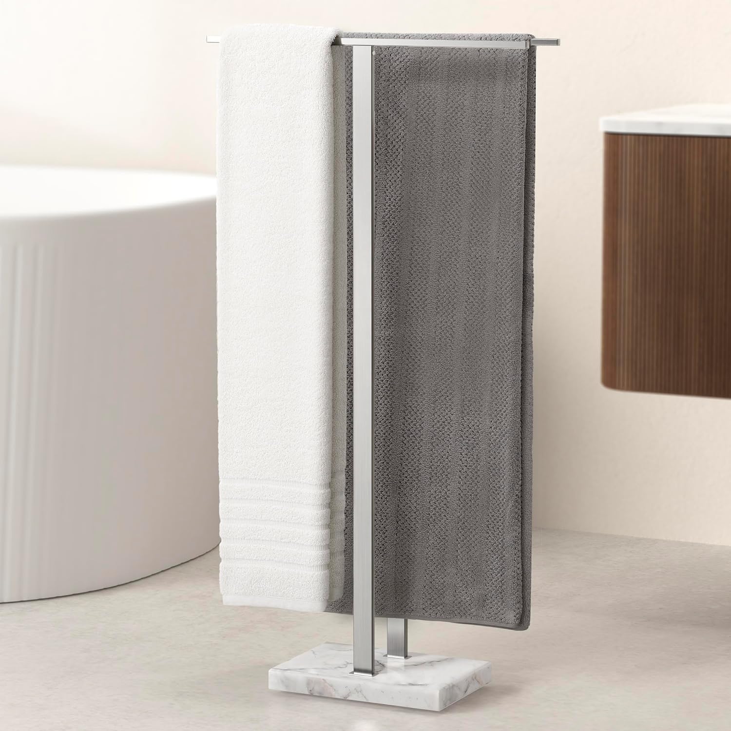 KES Standing Towel Racks for Bathroom 2-Tier, Floor Towel Rack Stand with Heavy Marble Base, Upgrade Steady Design, Pro-Grade 18/8 Stainless Steel Brushed Finish, BTH217-2