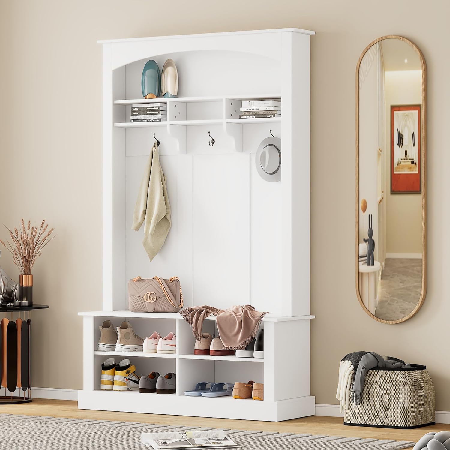 Merax Wood Farmhouse Hall Tree with Storage Entryway Bench, 3-in-1 Coat Racks with 6 Hooks &Shelves for Entrance, Hallway, Mudroom,White