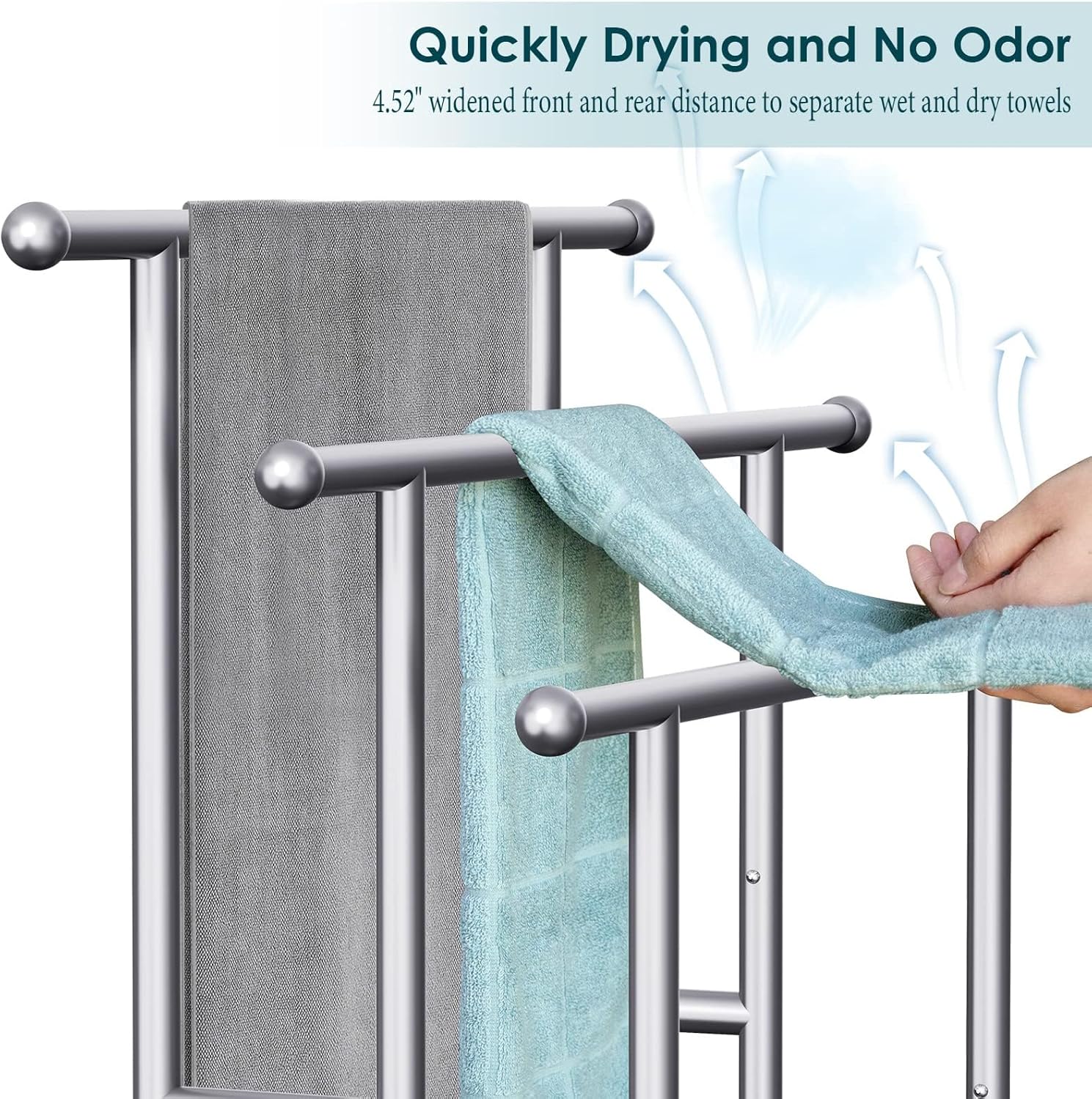 40" Tall Freestanding Towel Racks for Bathroom, 3 Tier Floor Towel Rack with Storage Basket, Blanket Ladder Drying and Display Rack for Large Bath & Hand Towel Outdoor Poolside (Silver)