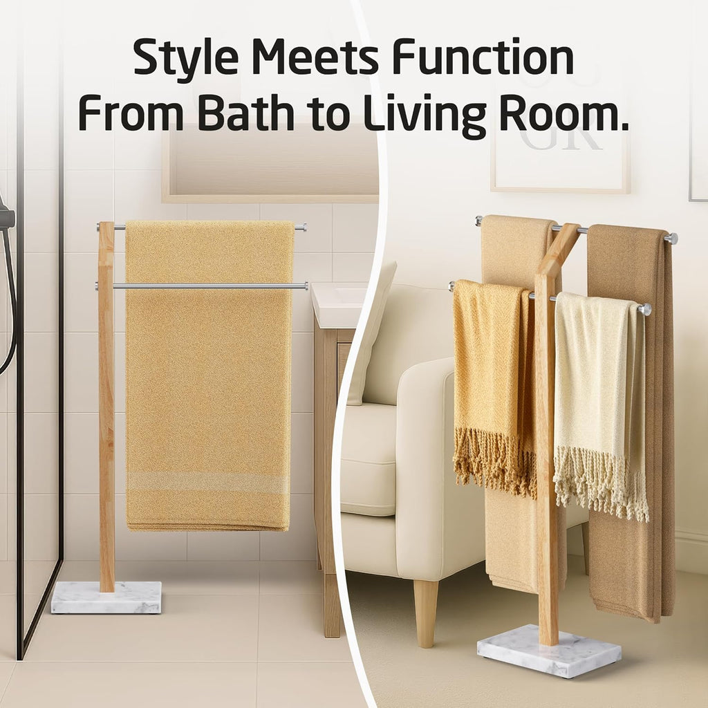 Width Adjustable Free Standing Towel Rack with 3X Thicker Weighted Natural Marble Base, KES 2-Tier Wooden Towel Rack Stand for Bathroom Floor, 18/8 Stainless Steel, Brushed Finish, BTH800-2