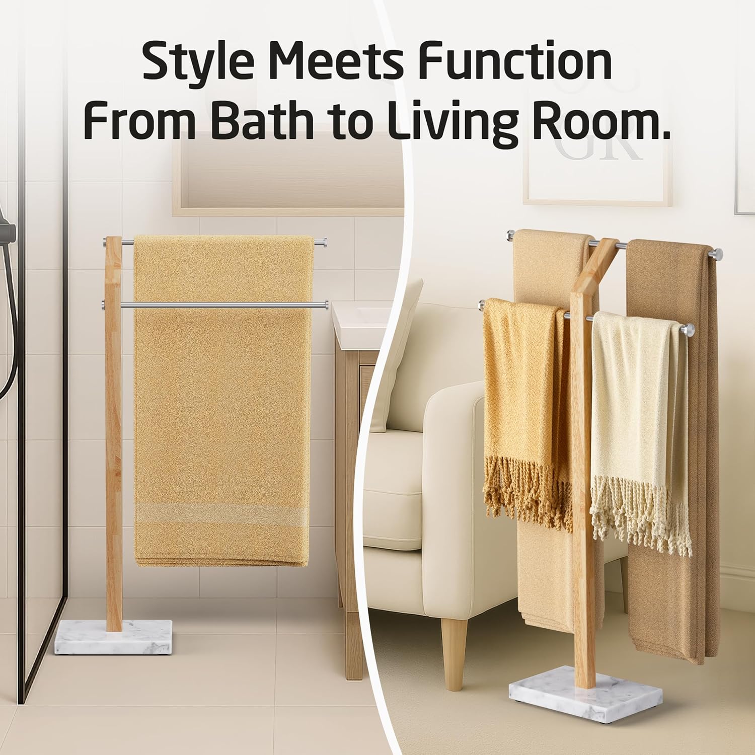 Width Adjustable Free Standing Towel Rack with 3X Thicker Weighted Natural Marble Base, KES 2-Tier Wooden Towel Rack Stand for Bathroom Floor, 18/8 Stainless Steel, Brushed Finish, BTH800-2