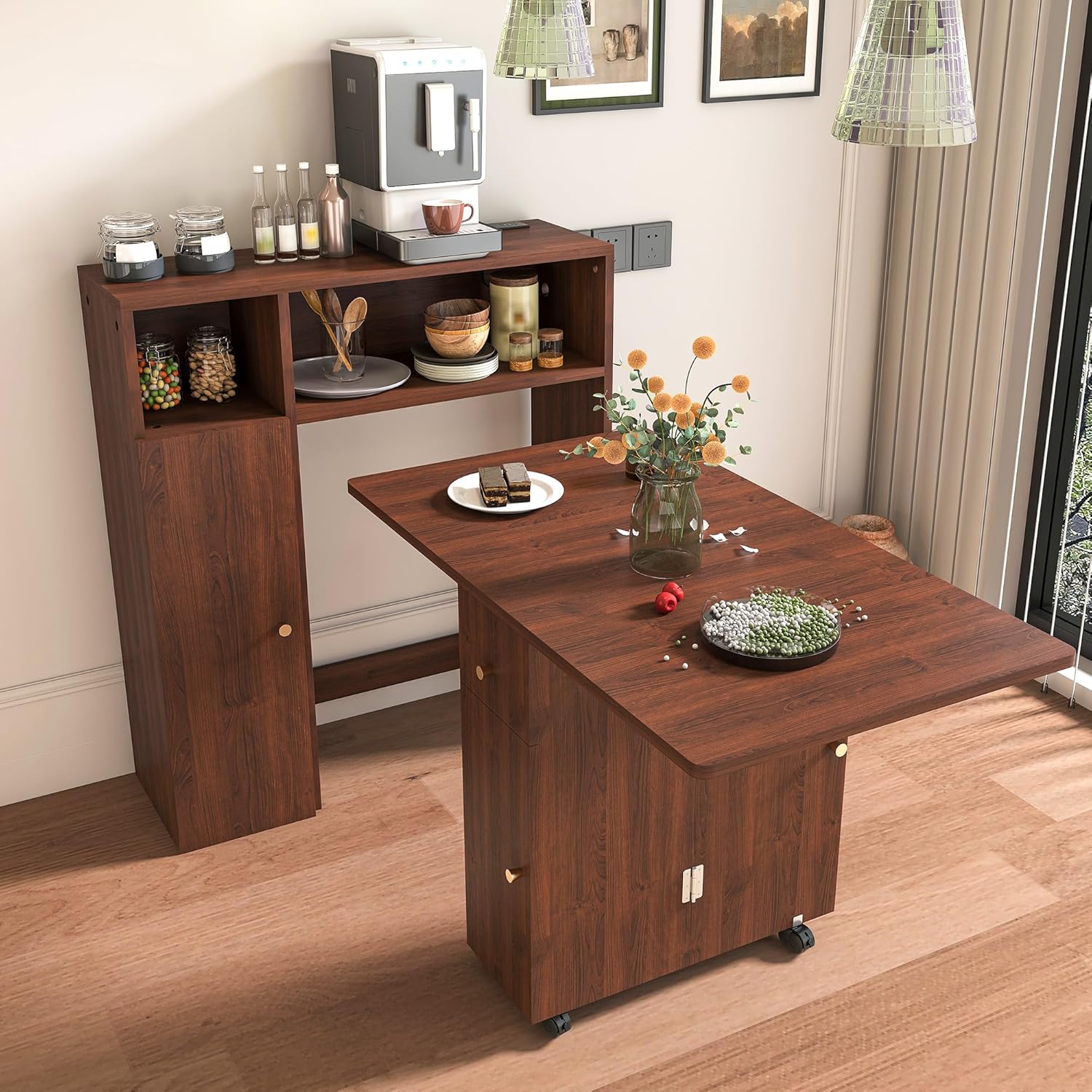 Folding Dining Table with Wall Mounted Sideboard, Expandable Dining Table with Wheels, Entryway Table with Charging Station, Kitchen Table for Small Spaces (Walnut)