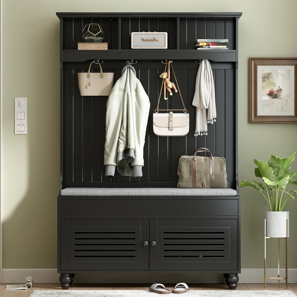 Merax Wood Hall Tree with Shoe Storage Bench for Entryway, 5-in-1 Coat Rack with 4 Hooks and Shelves for Entrance, Hallway Black
