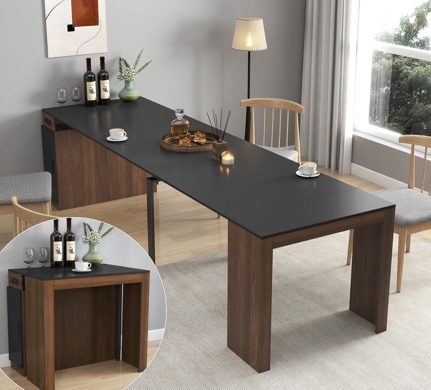 KEIKI 23.62”-118”L Extendable Foldable Dining Room Table with Storage Cabinet & Outlet, 1-10 People Wood Modern Rectangle Expandable Furniture for Kitchen Living Meeting Room, 6 Length Options