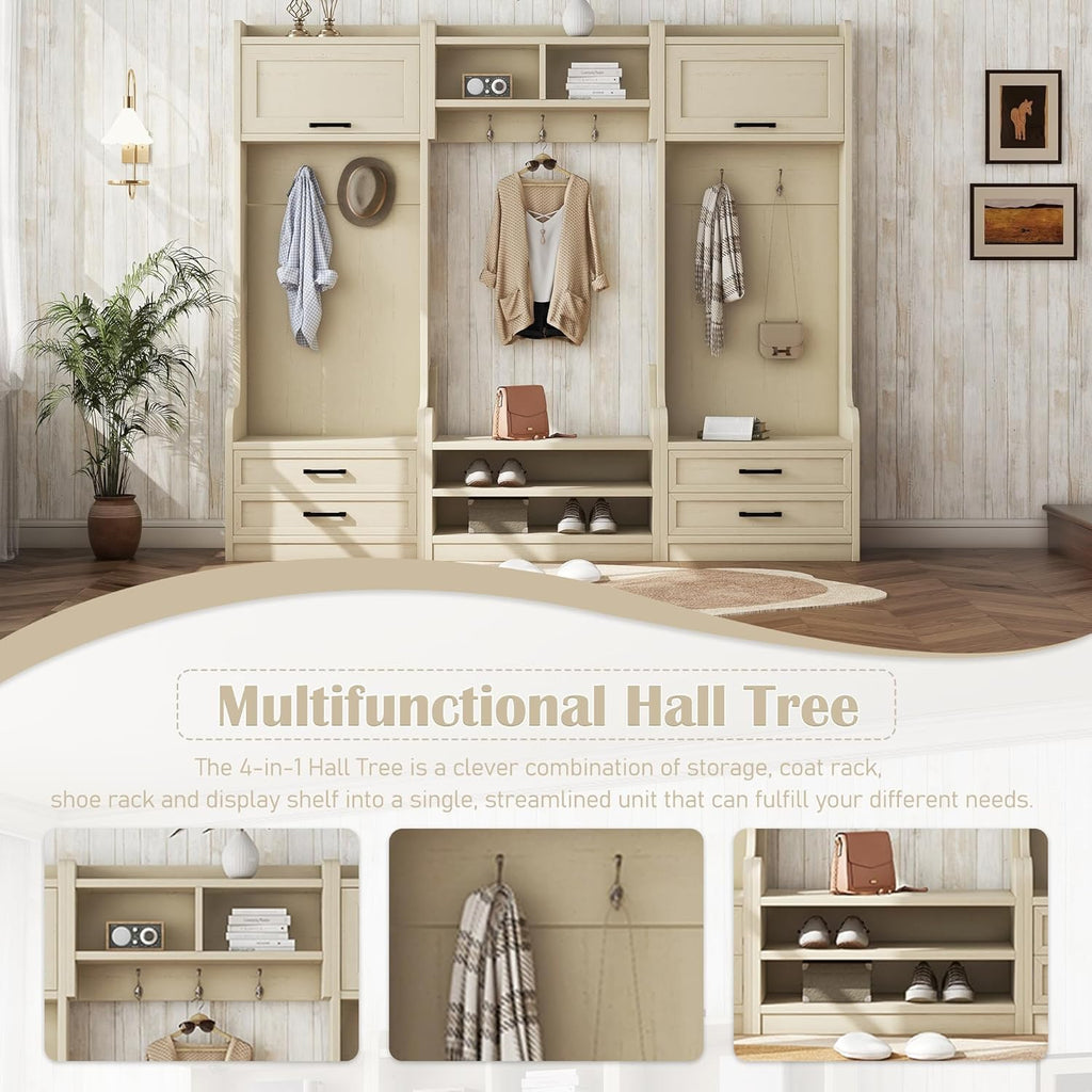 Wide Hall Tree with Storage Bench, Wood Coat Rack with Cabinet and 7 Hooks, Mudroom Organizer with Shoes Storage Cubbies for Entryway Hallway, Beige