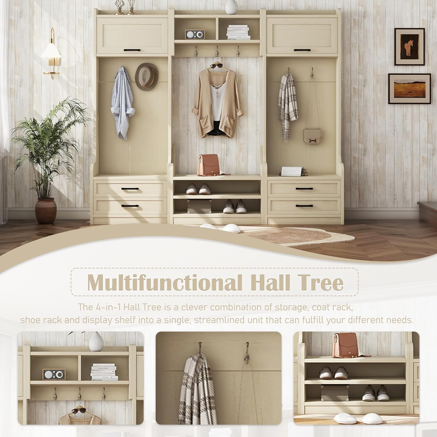 Wide Hall Tree with Storage Bench, Wood Coat Rack with Cabinet and 7 Hooks, Mudroom Organizer with Shoes Storage Cubbies for Entryway Hallway, Beige