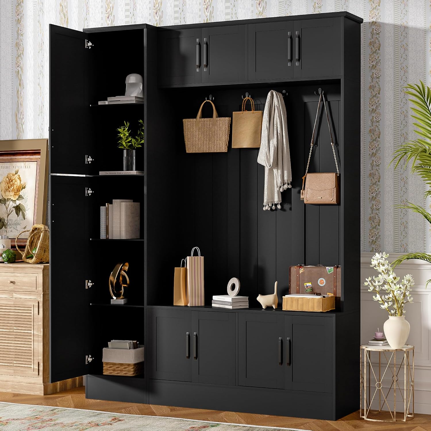 Merax Farmhouse Wood Hall Tree with 6 Hooks and Shoe Bench, Mudroom Versatile Coat Racks with 6 Cabinets & Adjustable Shelf, Entrance Organizer for Hallway, Entryway, Living Room Black