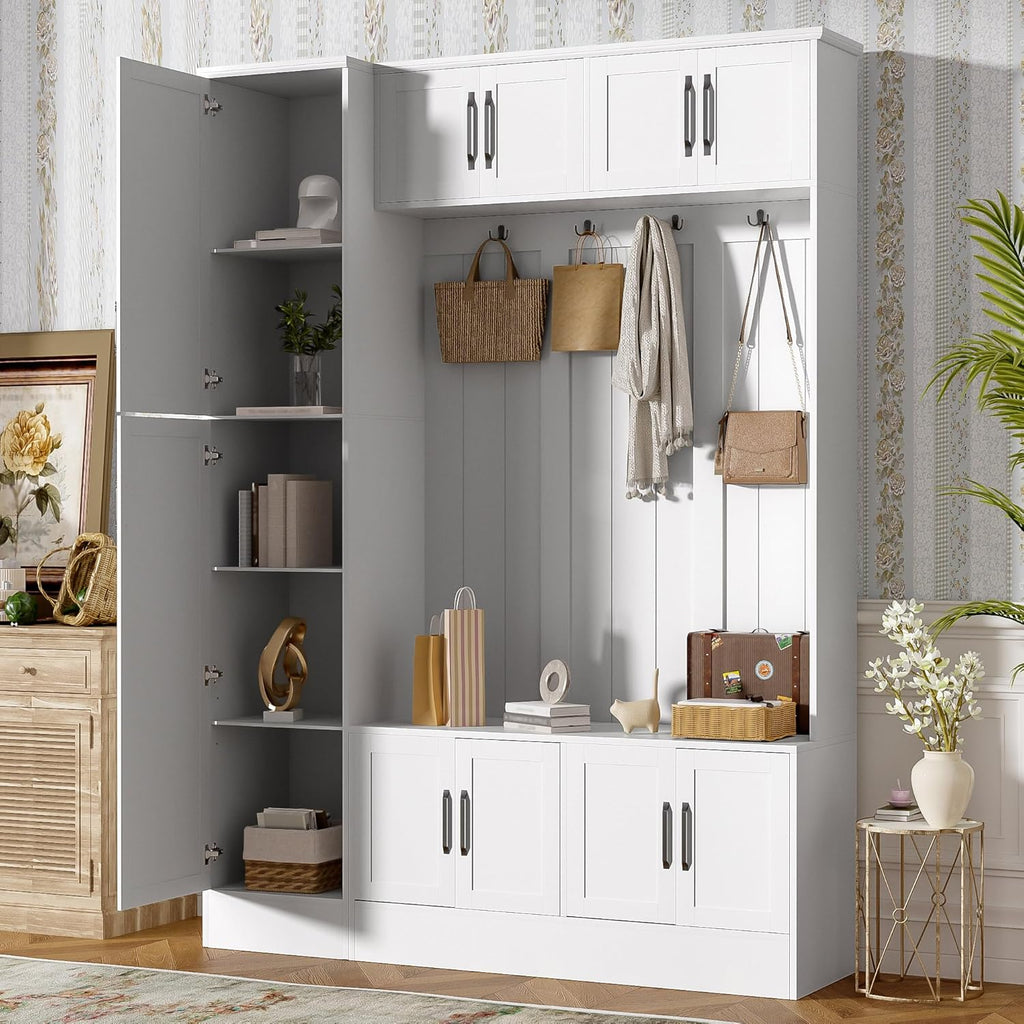 79'' Tall Hall Tree with Shoe Storage and Bench, 4-in-1 Mudroom Storage Organizer Coat Rack with 6 Cabinets, 4 Coat Hooks & Adjustable Shelf for Hallway, Entryway, Living Room, White