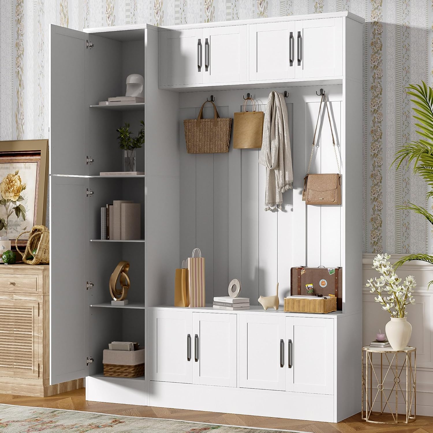 79'' Tall Hall Tree with Shoe Storage and Bench, 4-in-1 Mudroom Storage Organizer Coat Rack with 6 Cabinets, 4 Coat Hooks & Adjustable Shelf for Hallway, Entryway, Living Room, White