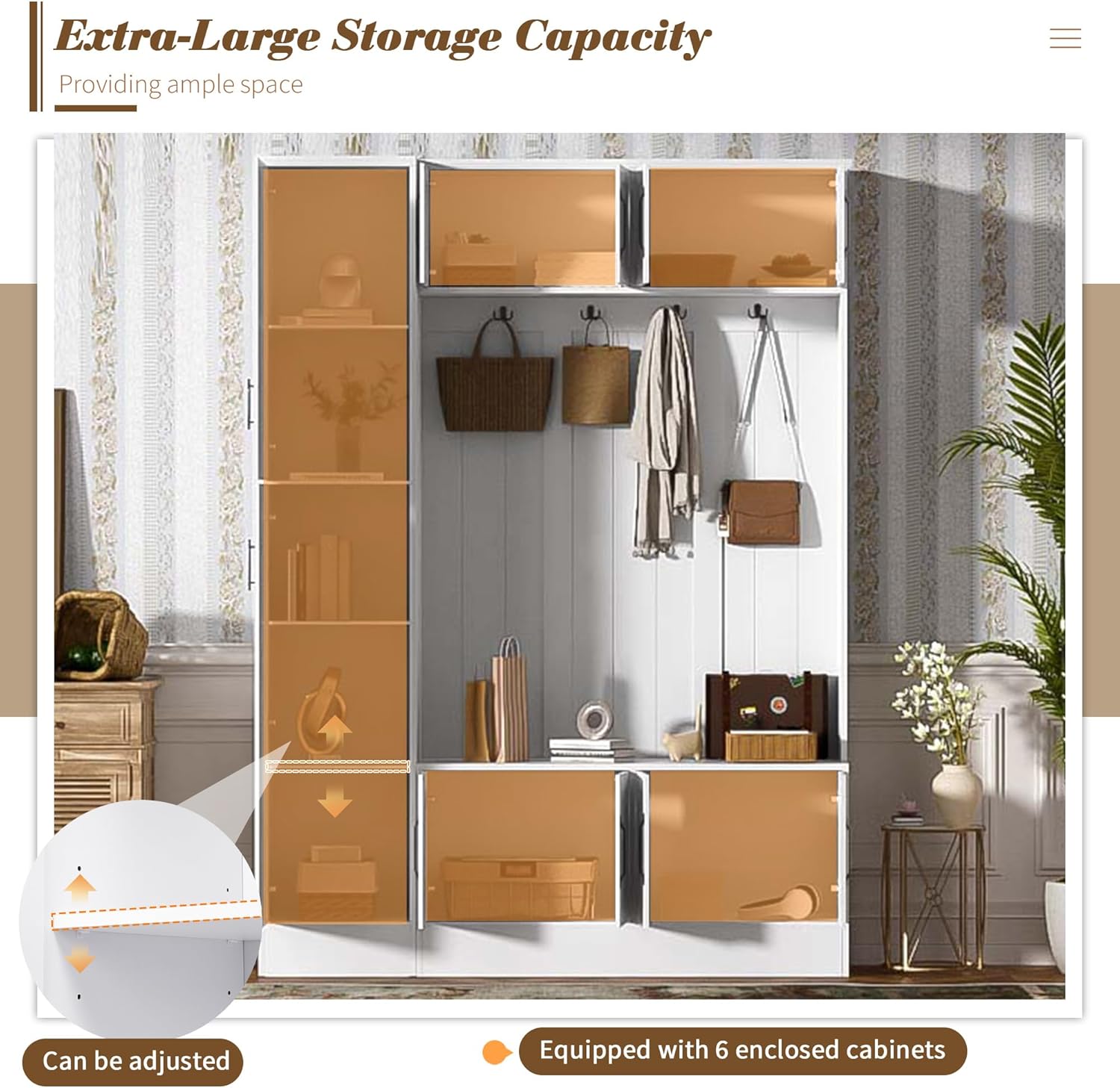 79'' Tall Hall Tree with Shoe Storage and Bench, 4-in-1 Mudroom Storage Organizer Coat Rack with 6 Cabinets, 4 Coat Hooks & Adjustable Shelf for Hallway, Entryway, Living Room, White