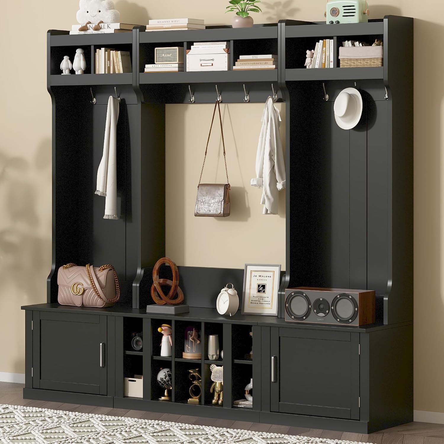 Wide Hall Tree with Storage Bench, Wood Coat Rack with Cabinet and 7 Hooks, Mudroom Organizer with Shoes Storage Cubbies for Entryway Hallway, Beige