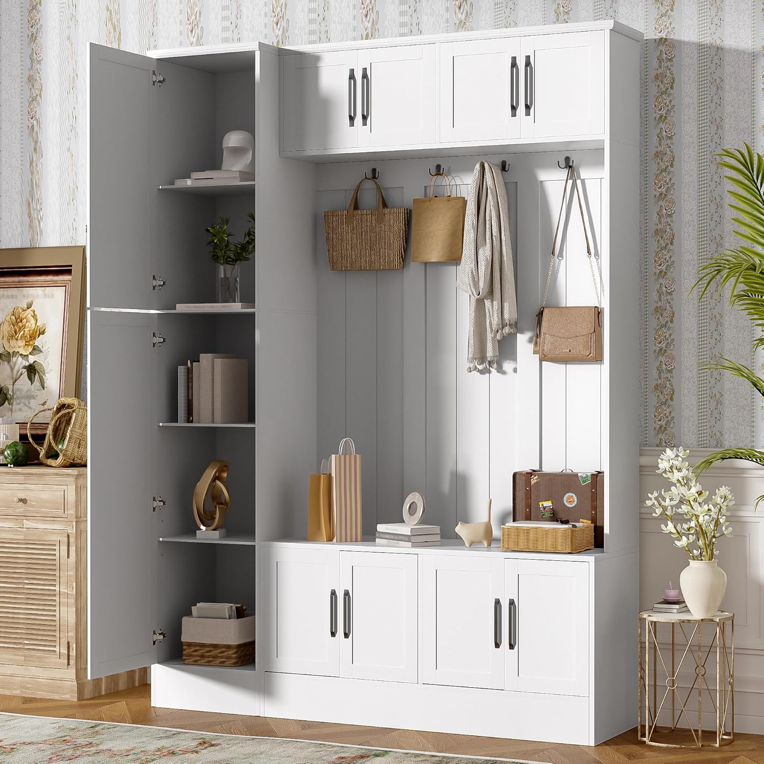 Merax Farmhouse Wood Hall Tree with 6 Hooks and Shoe Bench, Mudroom Versatile Coat Racks with 6 Cabinets & Adjustable Shelf, Entrance Organizer for Hallway, Entryway, Living Room Black