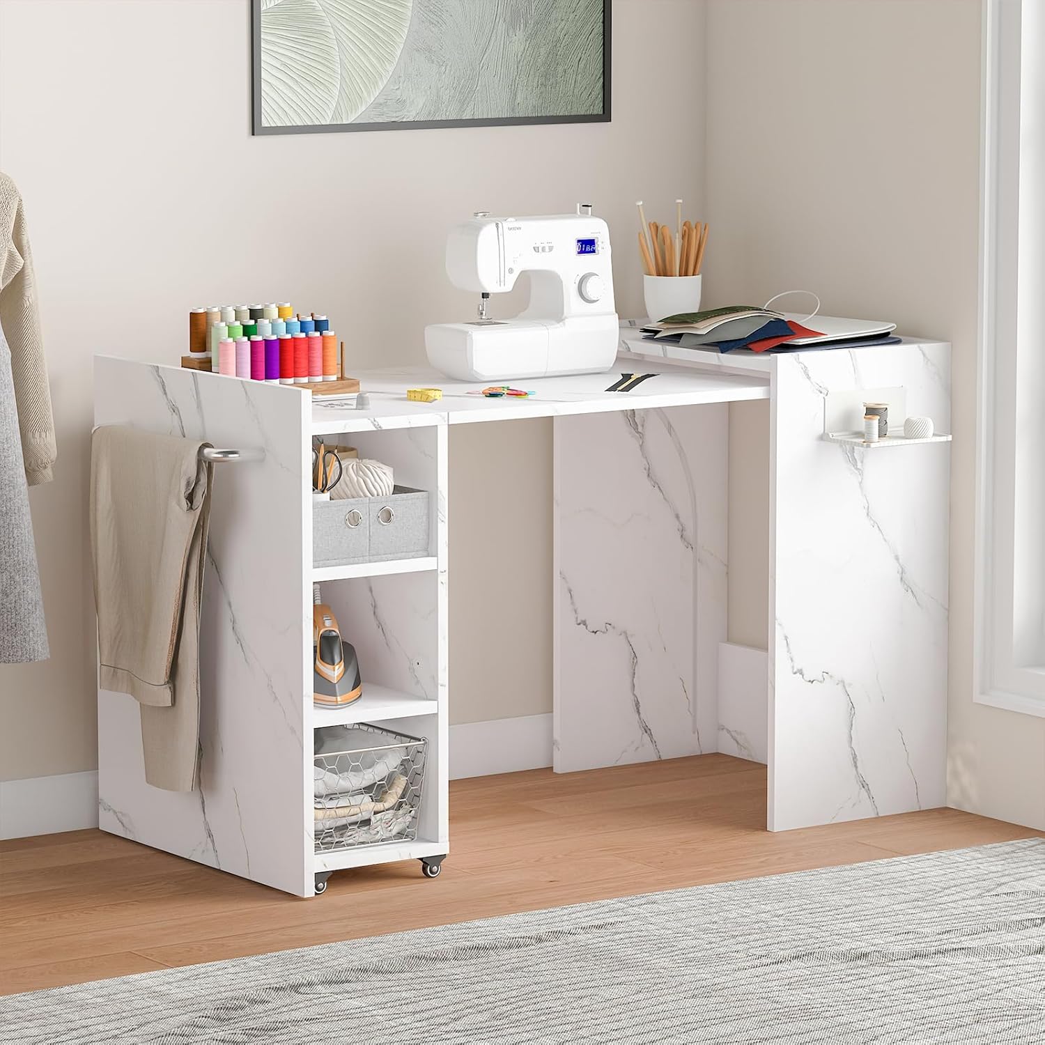 smilesun Folding Dining Table, Wall Mount Foldable Kitchen Table w/Fabric Drawer & Adjustable Storage Shelf, Space Saving Compact Expandable Pull Out Table for Small Spaces, White