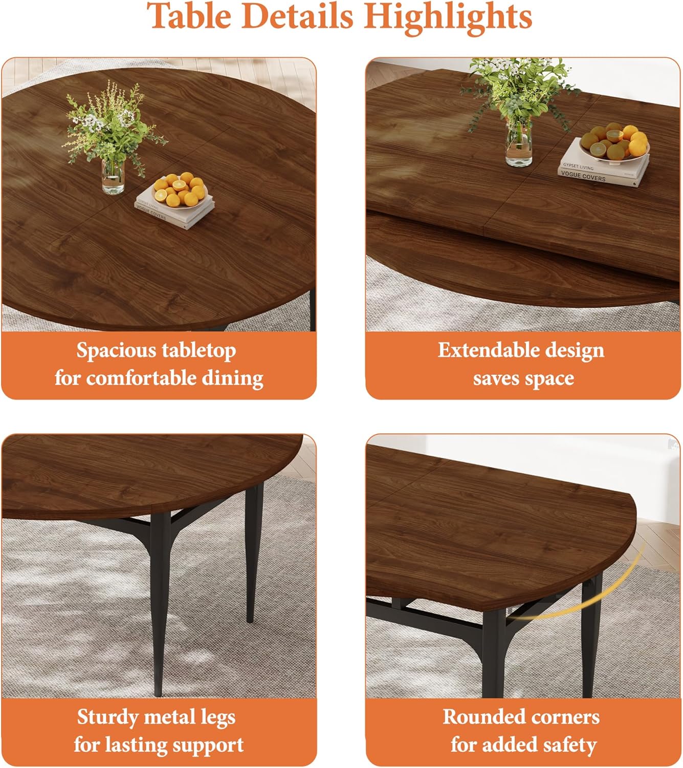 Expandable Folding Dining Table Set, 55-Inch Round to Square Table with 6 Upholstered Chairs, Metal Frame, for Dining Room or Apartment (Round Table + 6 Brown Chairs)