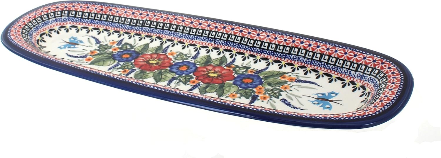 Blue Rose Polish Pottery - Red Floral Butterfly Large Bread Platter - 17.5" Long - Unique Platter for Dinner Parties, Very Durable & Dishwasher Safe
