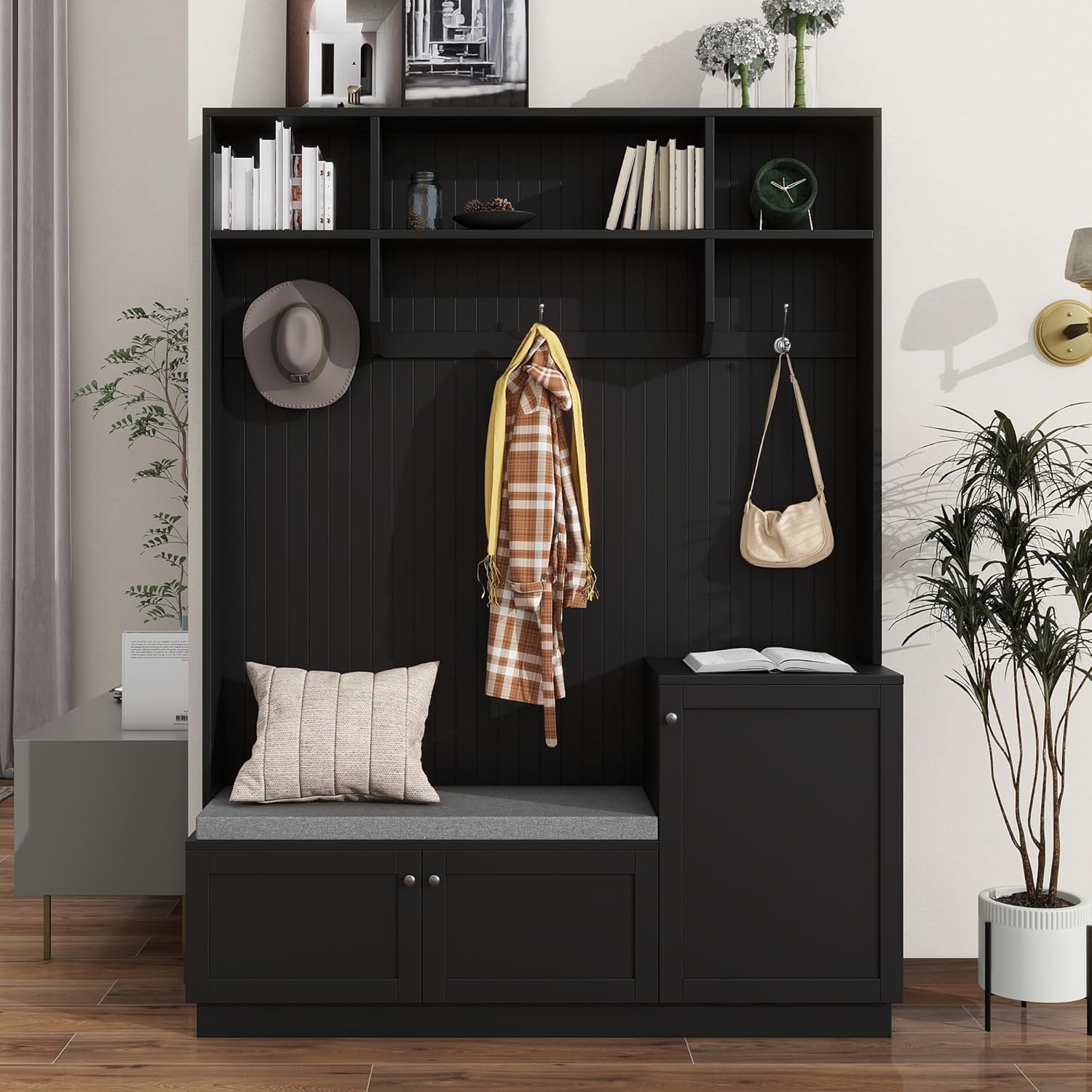 Ball & Cast Entryway Hall Tree with Shoe Storage and Bench,Modern Coat Rack w/Bench and Cushion,3 Shevlves,3 Hooks,Functional Hallway Shoe Cabine for Entrance,Hallway, Bedroom,Black