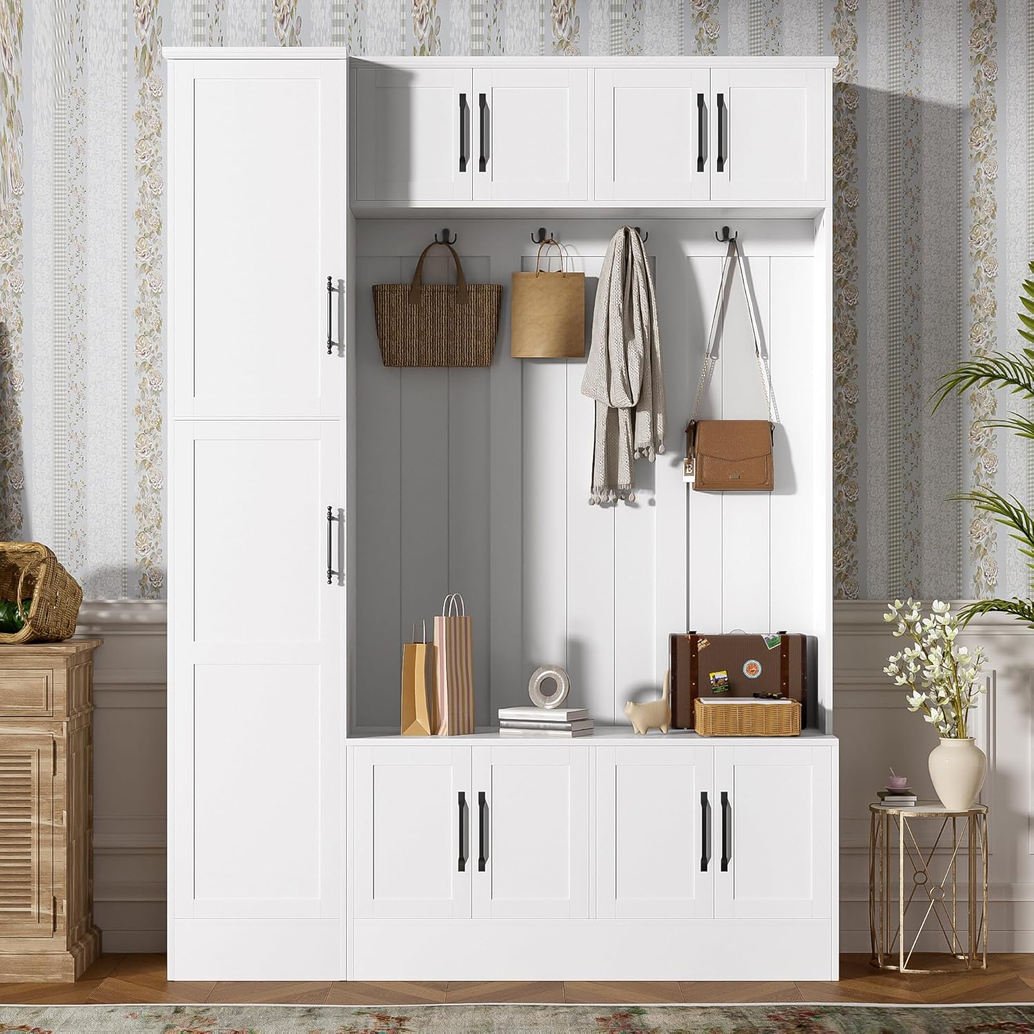 79'' Tall Hall Tree with Shoe Storage and Bench, 4-in-1 Mudroom Storage Organizer Coat Rack with 6 Cabinets, 4 Coat Hooks & Adjustable Shelf for Hallway, Entryway, Living Room, White