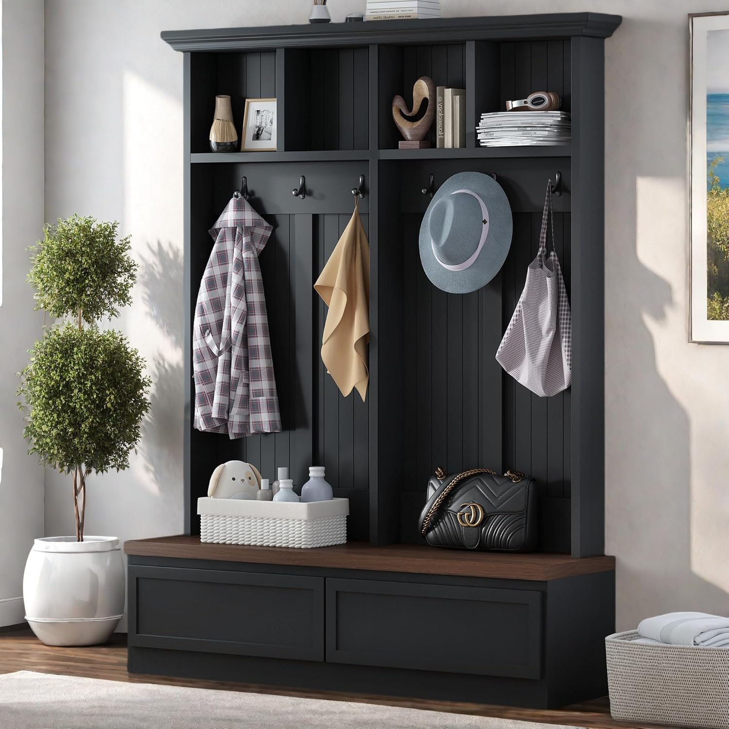 Merax Wood Hall Tree Entryway Bench with Storage Cabinet, 6 Hooks Coat Racks for Entrance, Hallway White
