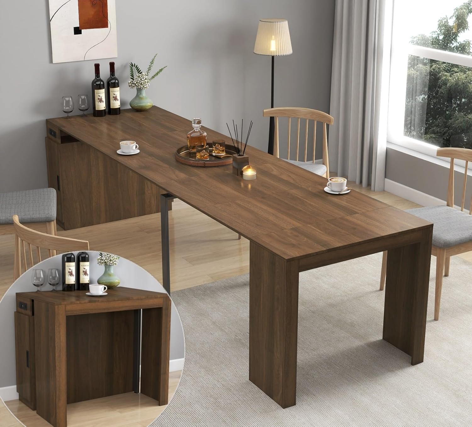 KEIKI 23.62”-118”L Extendable Foldable Dining Room Table with Storage Cabinet & Outlet, 1-10 People Wood Modern Rectangle Expandable Furniture for Kitchen Living Meeting Room, 6 Length Options